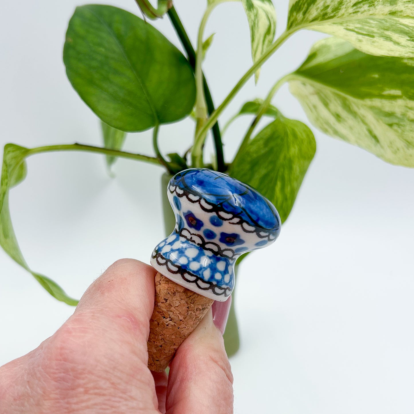 3" Bottle Stopper.  Polish Pottery Stoneware. Cobalt Poppies Design