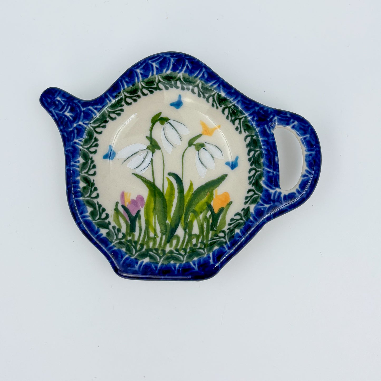 Teabag Rest Holder.  Handmade Teapot Polish pottery.  UNIKAT Snowdrop Garden