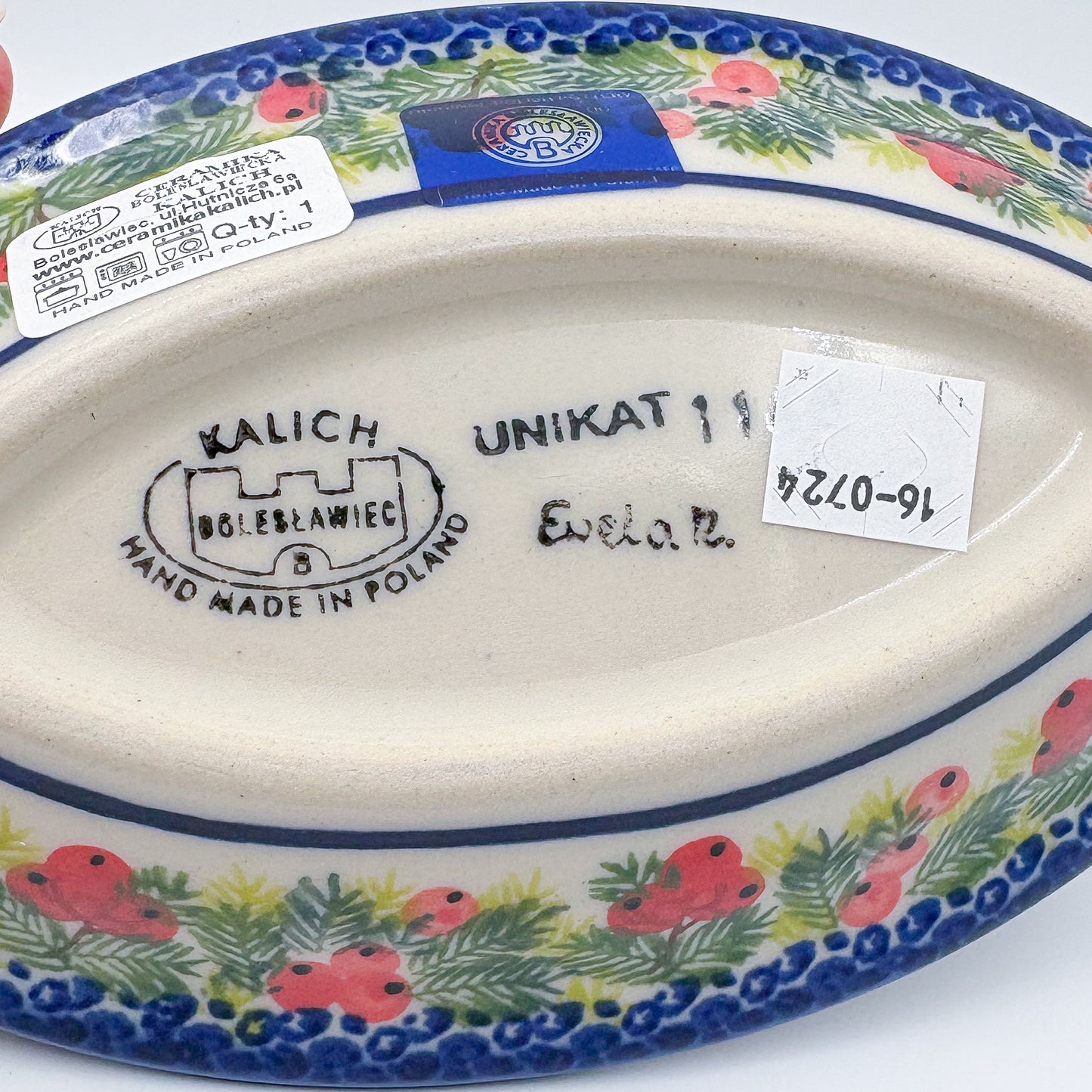 7" Oval Milano Platter  Hand crafted Polish pottery stoneware: UNIKAT Berry Snowman Design