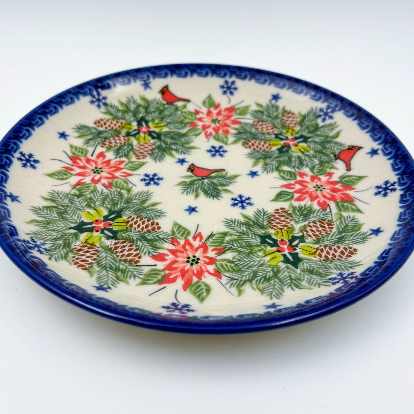 7.5” Plate.  Hand crafted Polish pottery stoneware: UNIKAT Christmas Cardinal