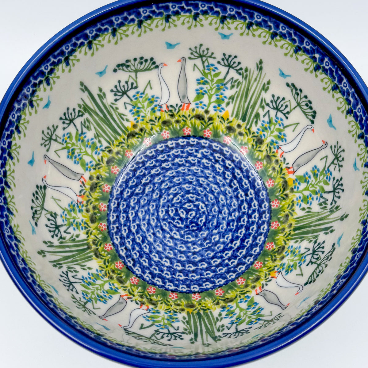 8”  Bowl.  Hand crafted Polish pottery stoneware: UNIKAT Ducks on the Run