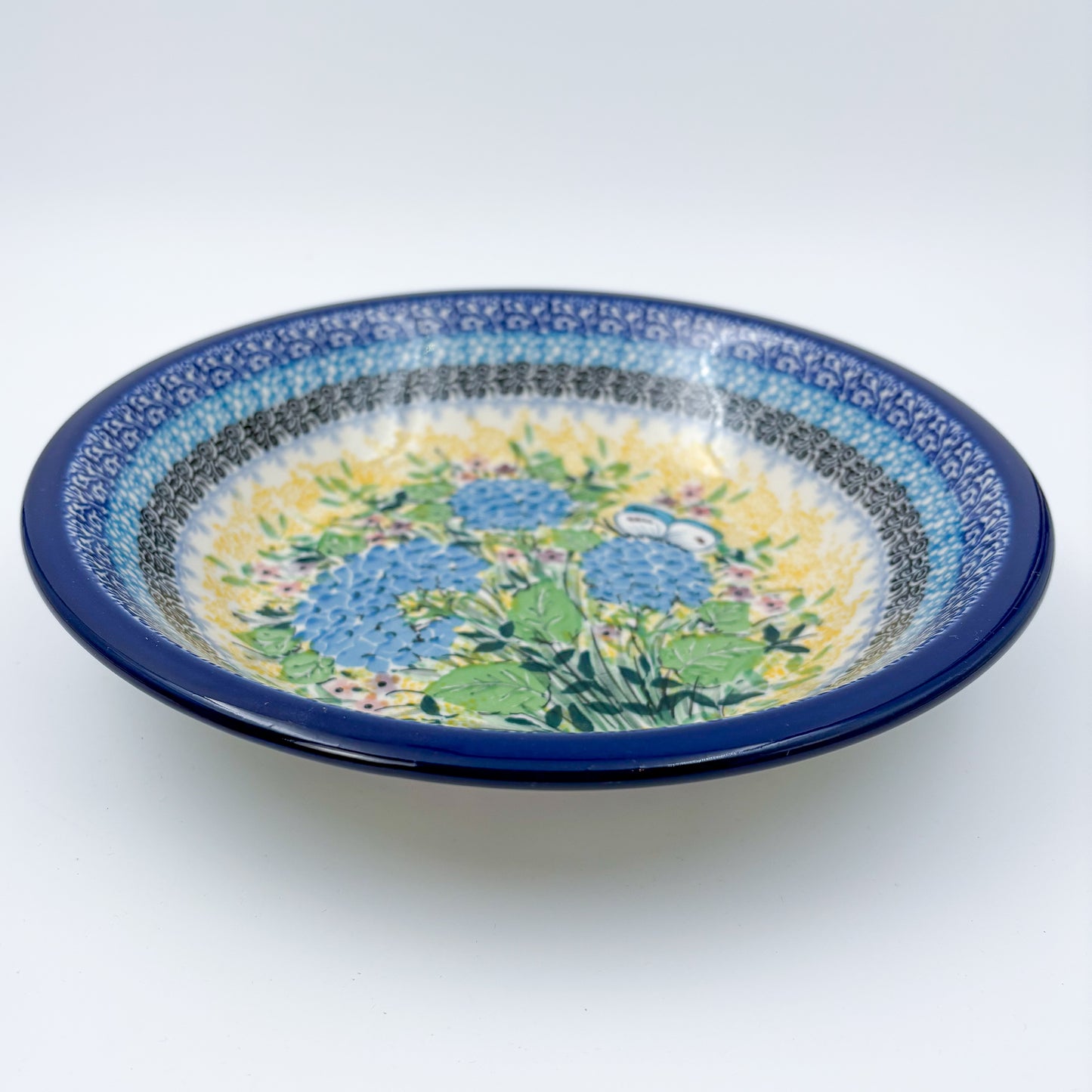 8” Pasta  Bowl.  Hand crafted Polish pottery stoneware: UNIKAT Blue Hydrangea Design