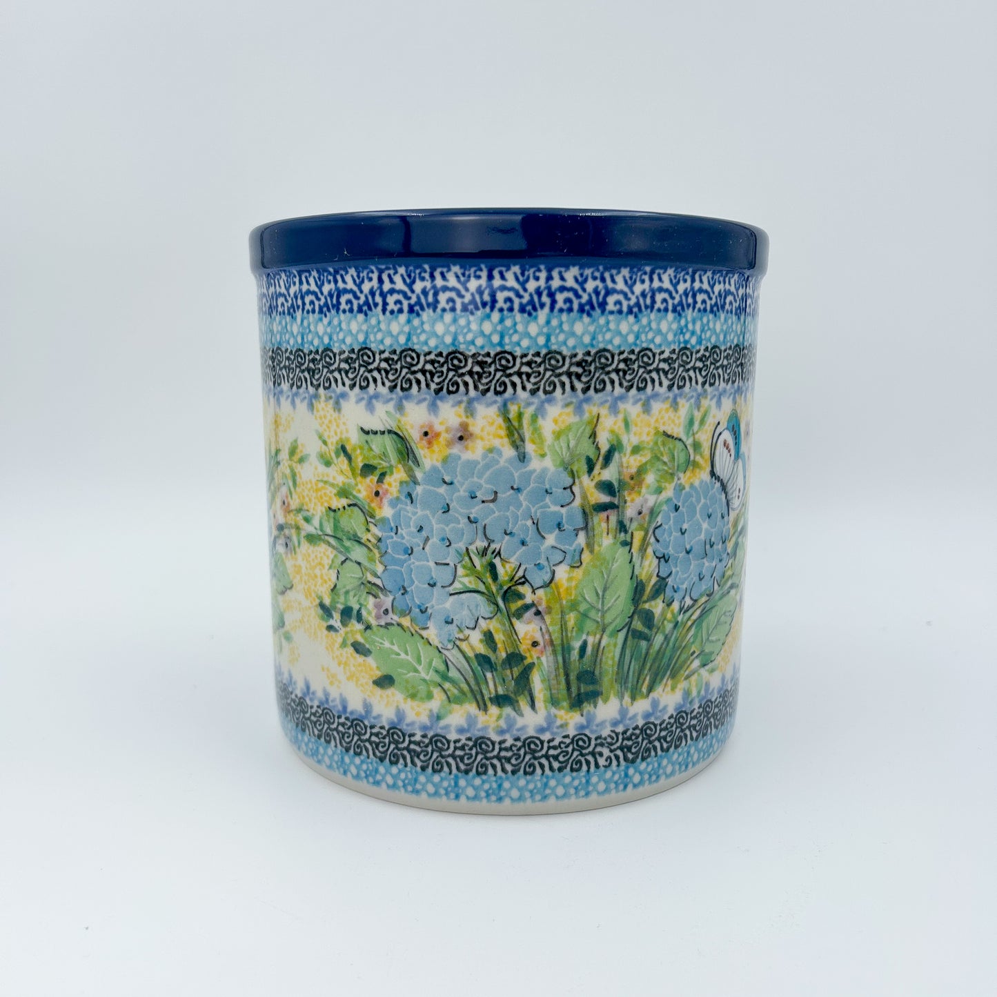 Utensil Jar 6”.  Handmade Polish pottery.  UNIKAT Blue Hydrangea