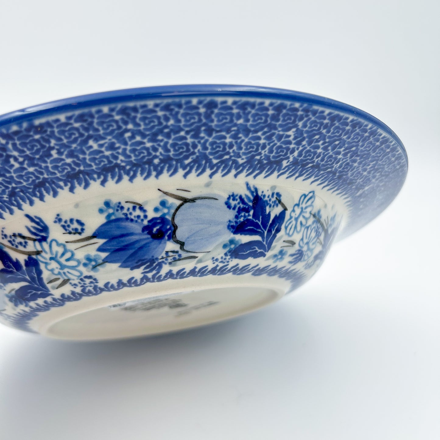 9” Pasta  Bowl.  Hand crafted Polish pottery stoneware: UNIKAT Blue Wildflower Patch