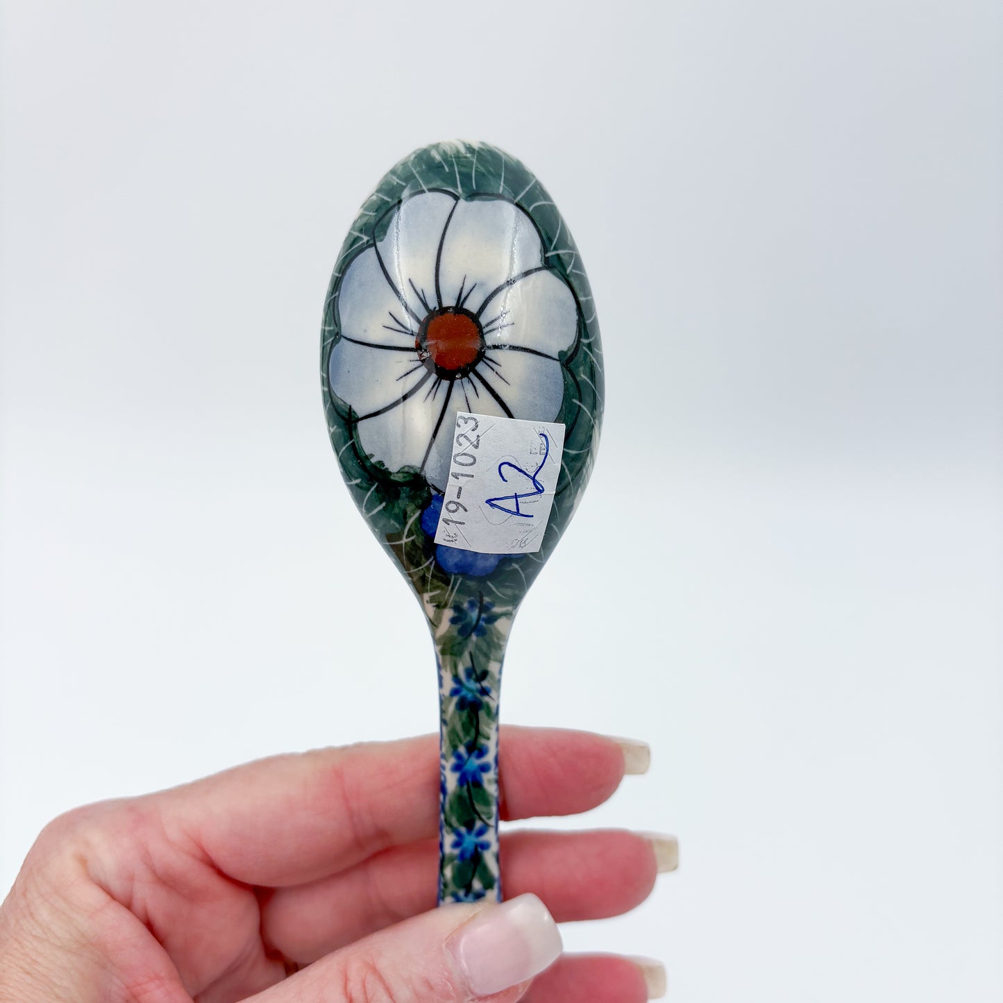 Spoon Lg 8”.  Handmade Polish pottery. UNIKAT Wildflower Blue Design