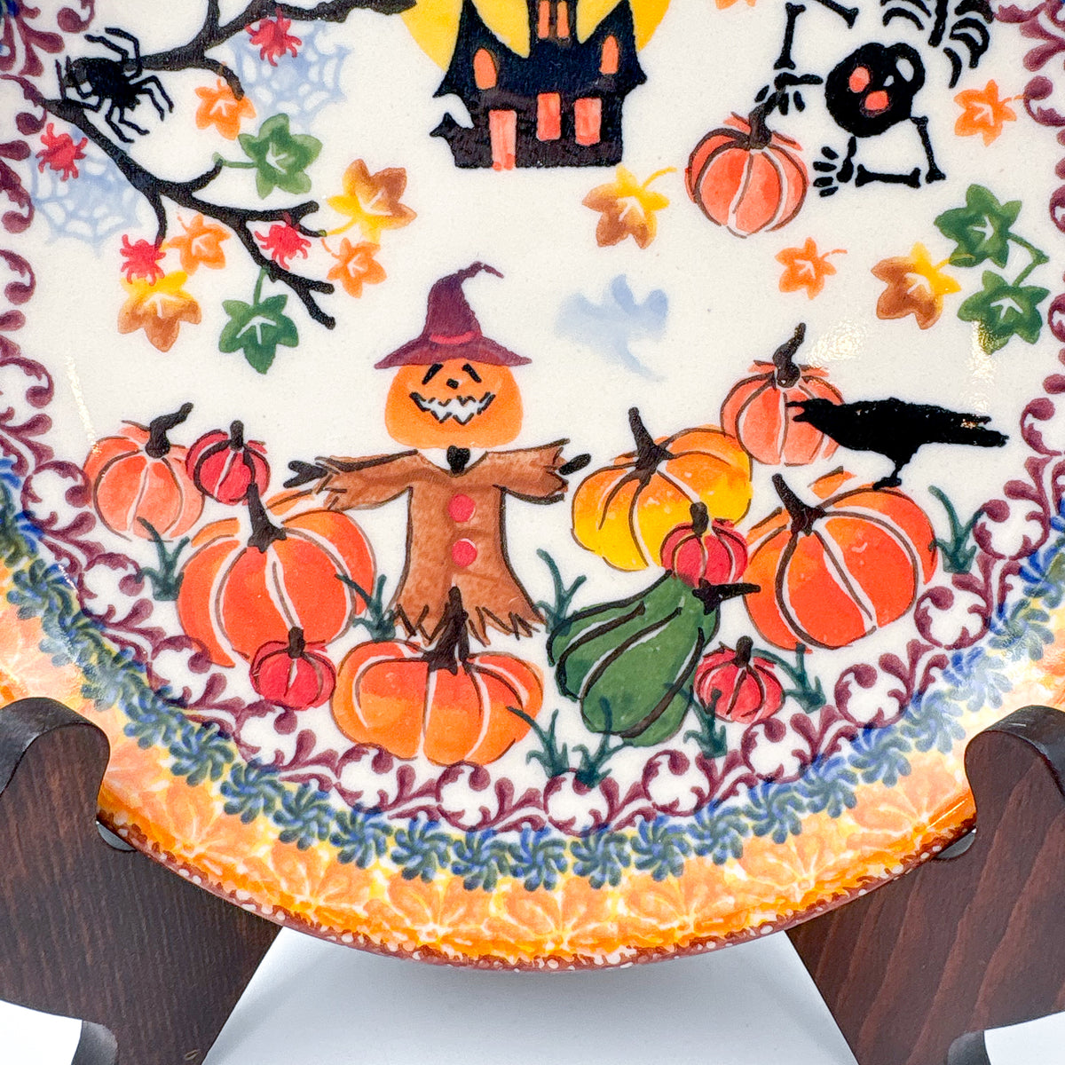 7.75” Plate.  Hand crafted Polish pottery stoneware: UNIKAT Halloween Scarecrow