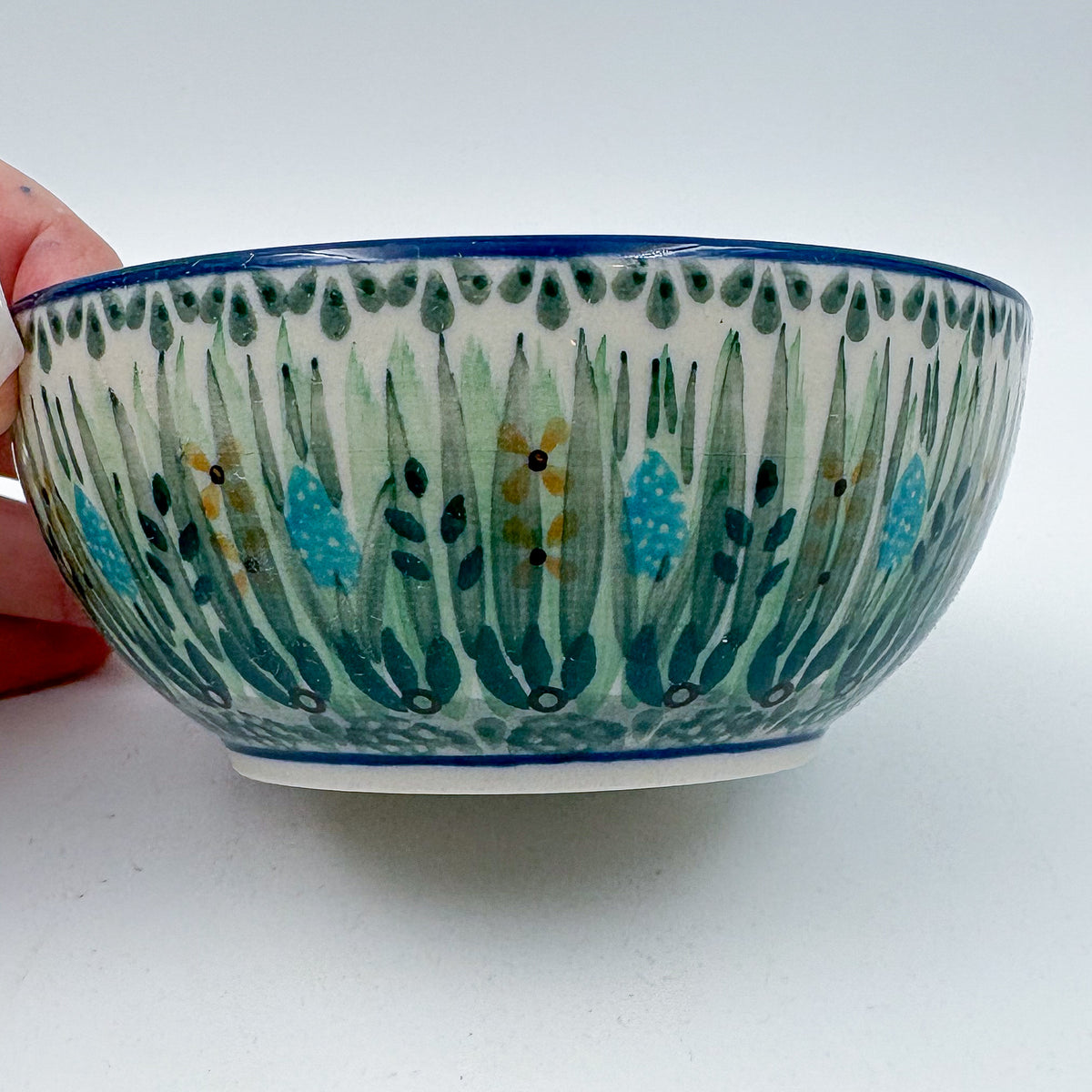 5” Bowl.  Hand crafted Polish pottery stoneware: UNIKAT Green Prairie Design