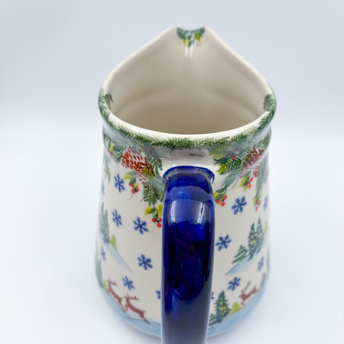 48 oz. Jacek Pitcher.  Hand painted Polish pottery stoneware UNIKAT Reindeer Bliss