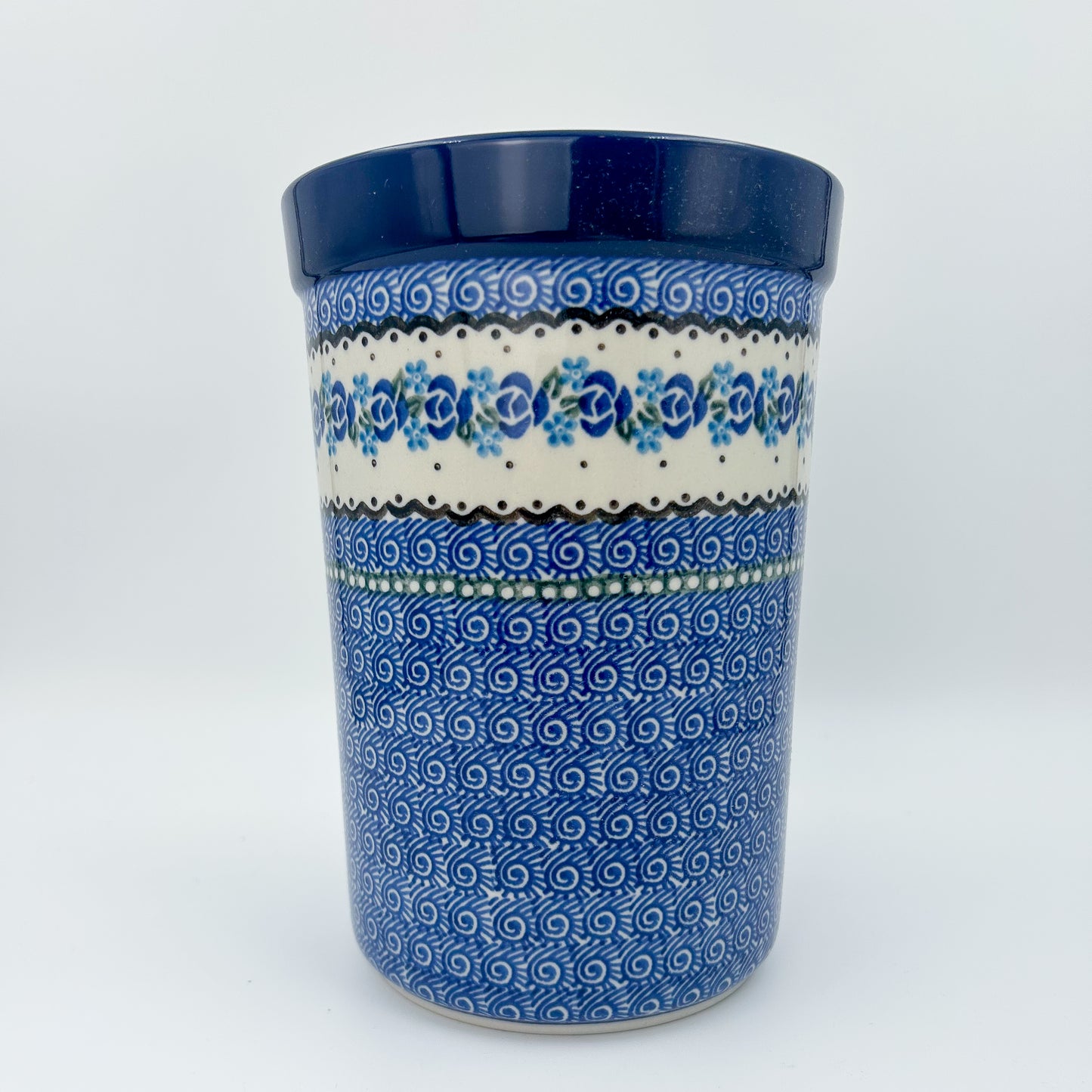 Utensil Jar 8”.  Handmade Polish pottery.  Blue Bud Sea Pattern