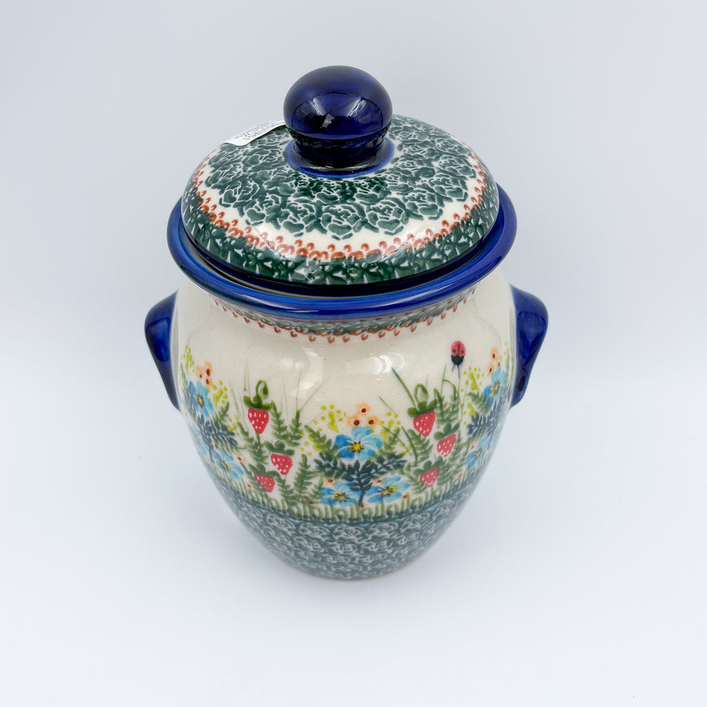 7" Lidded Jar.  Handmade Polish pottery.  UNIKAT Strawberry Fields