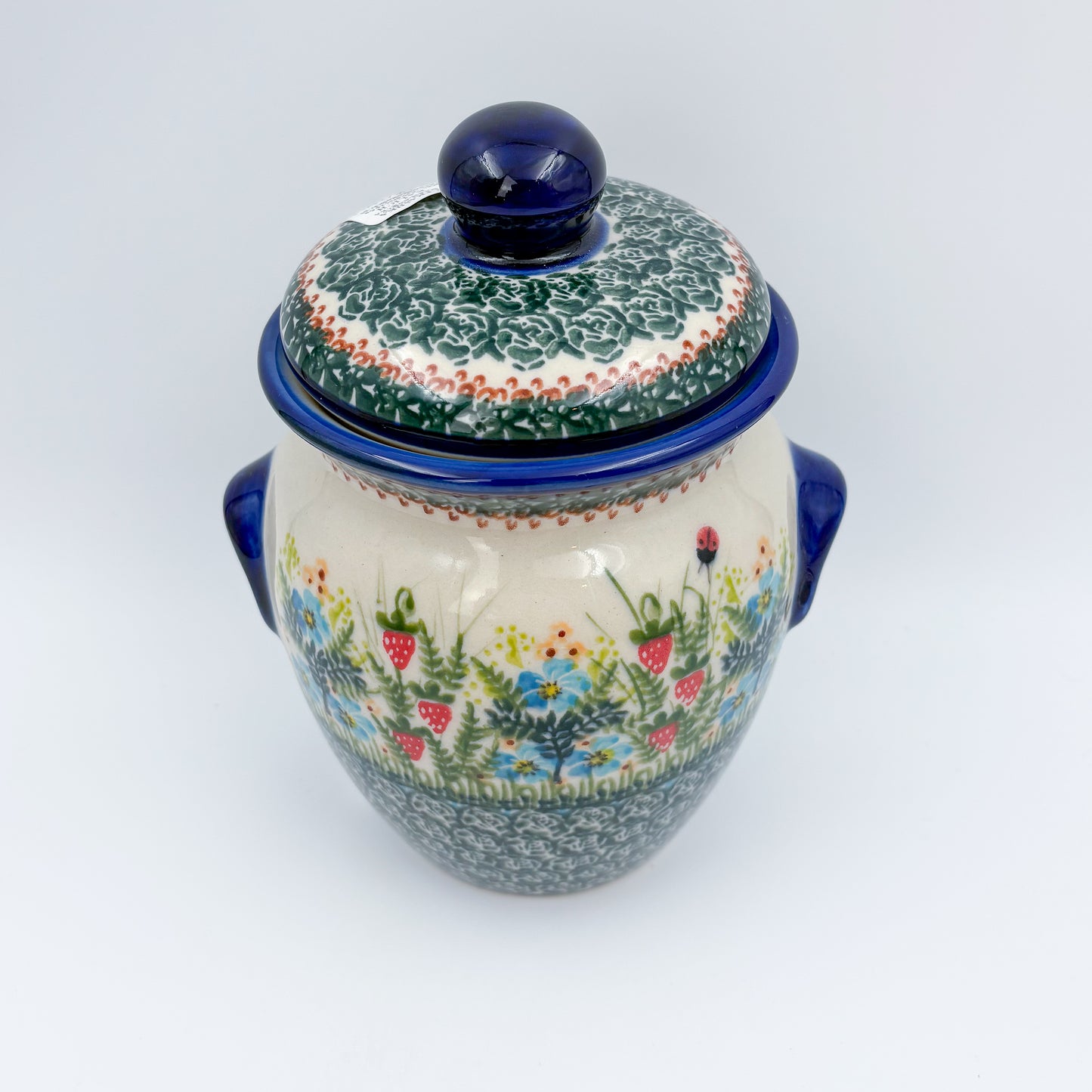 7" Lidded Jar.  Handmade Polish pottery.  UNIKAT Strawberry Fields