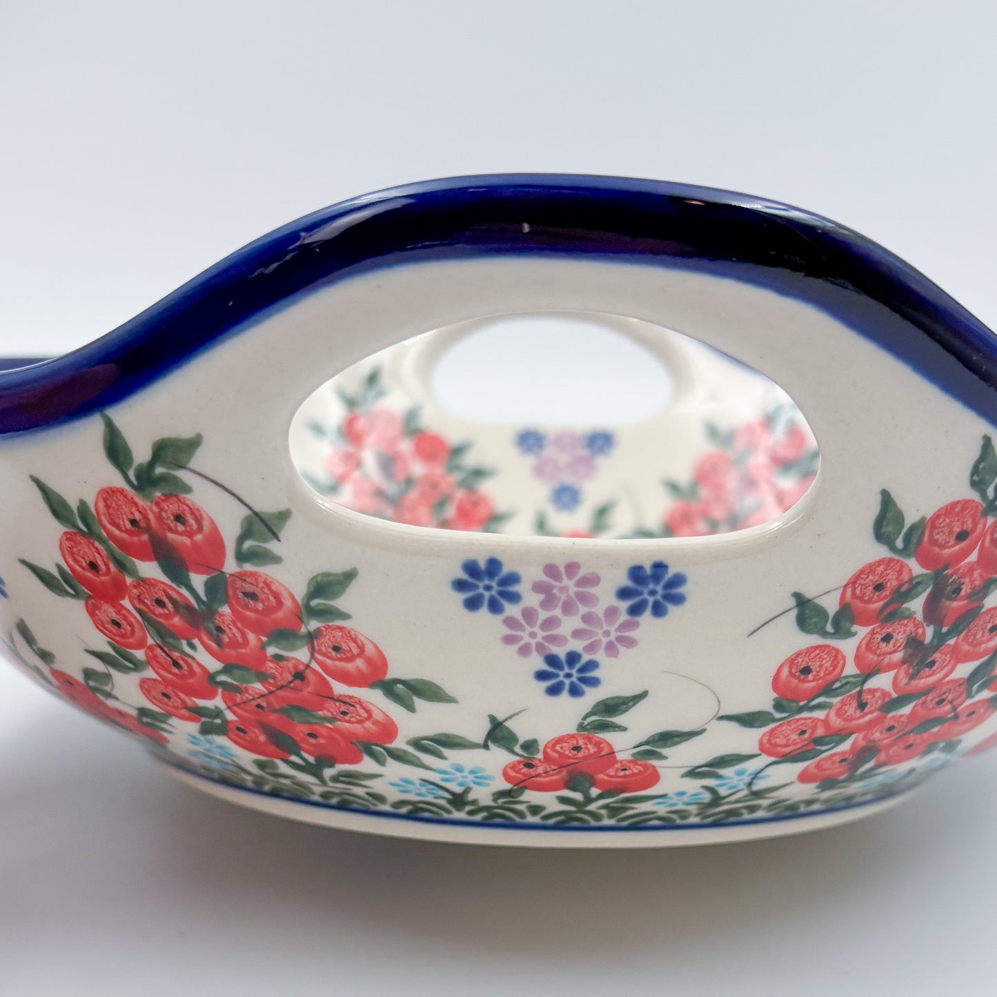 10" Bowl with Handles.  Hand crafted Polish pottery stoneware:  UNIKAT Red Berry Pattern