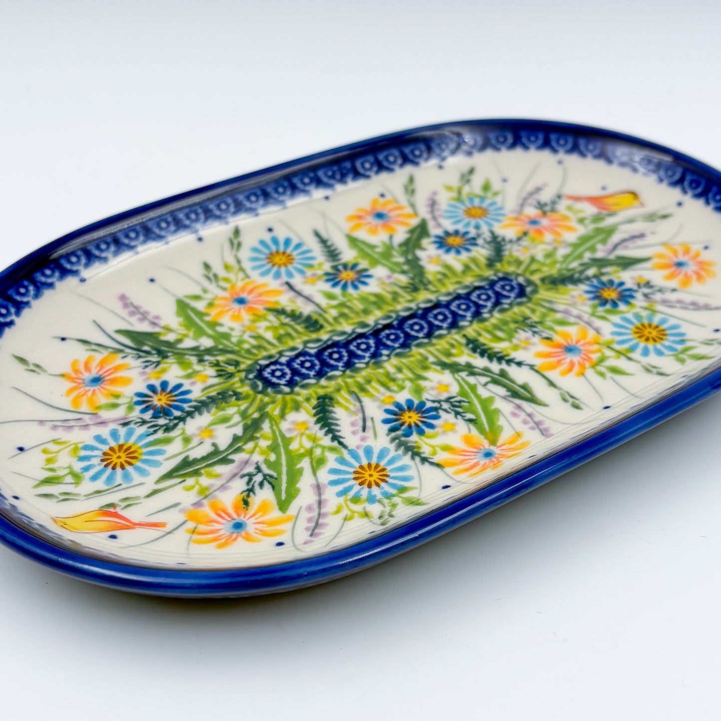 9” Oval Platter.  Hand crafted Polish pottery stoneware: UNIKAT Wildflower Meadow Design