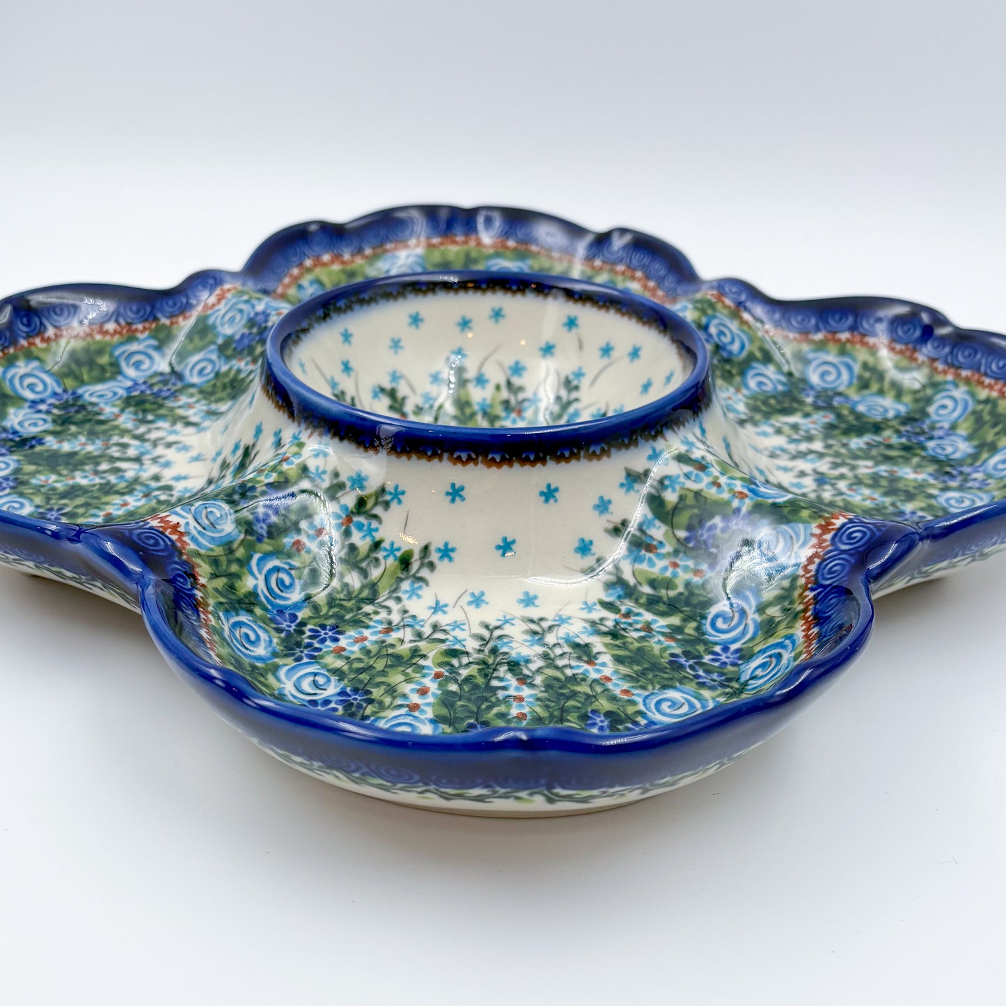 11" Divided Platter with Center Bowl.  Hand crafted Polish pottery stoneware: UNIKAT Whispering Ferns