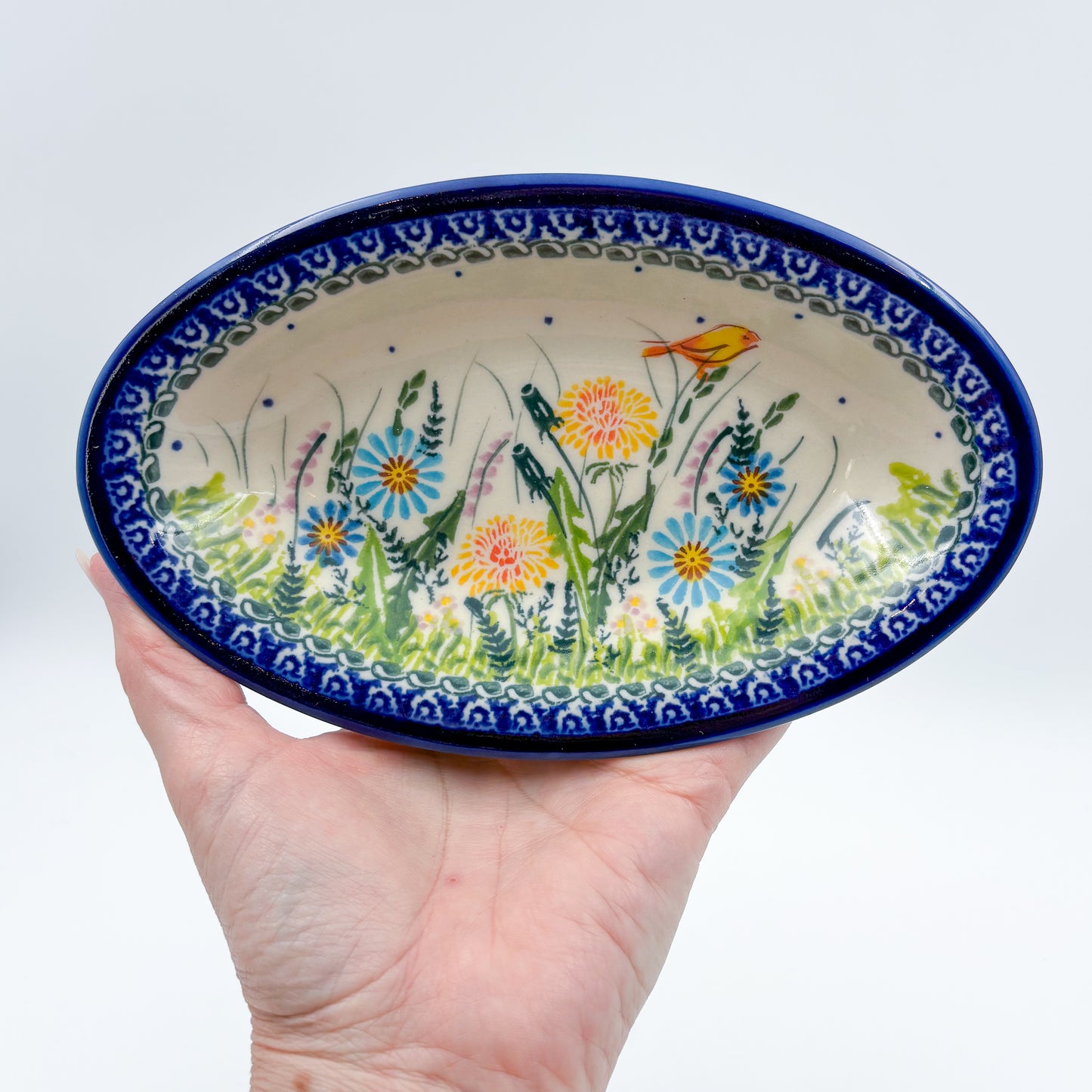 7" Oval Milano Platter  Hand crafted Polish pottery stoneware: UNIKAT Songbird Garden