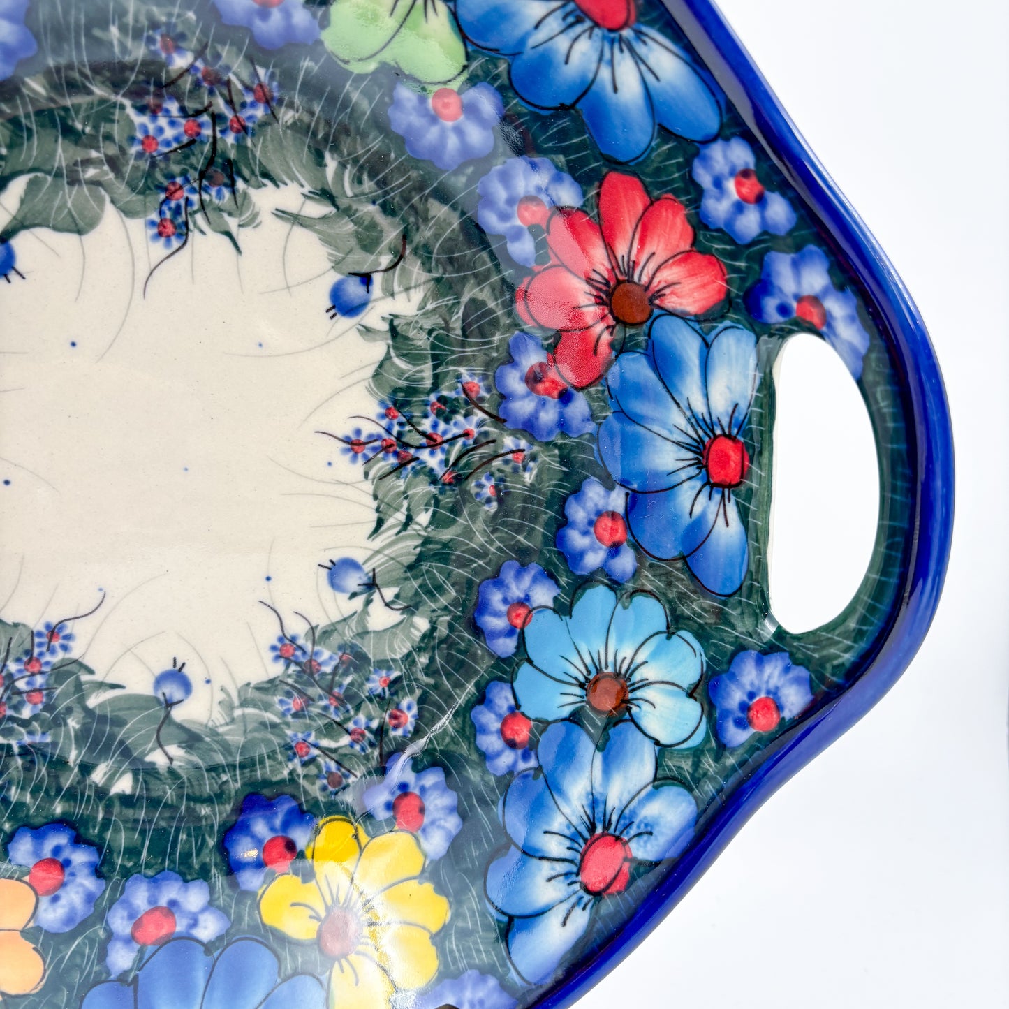 10" Bowl with Handles. Hand crafted Polish pottery stoneware:  UNIKAT Forget Me Not Pansy Pattern