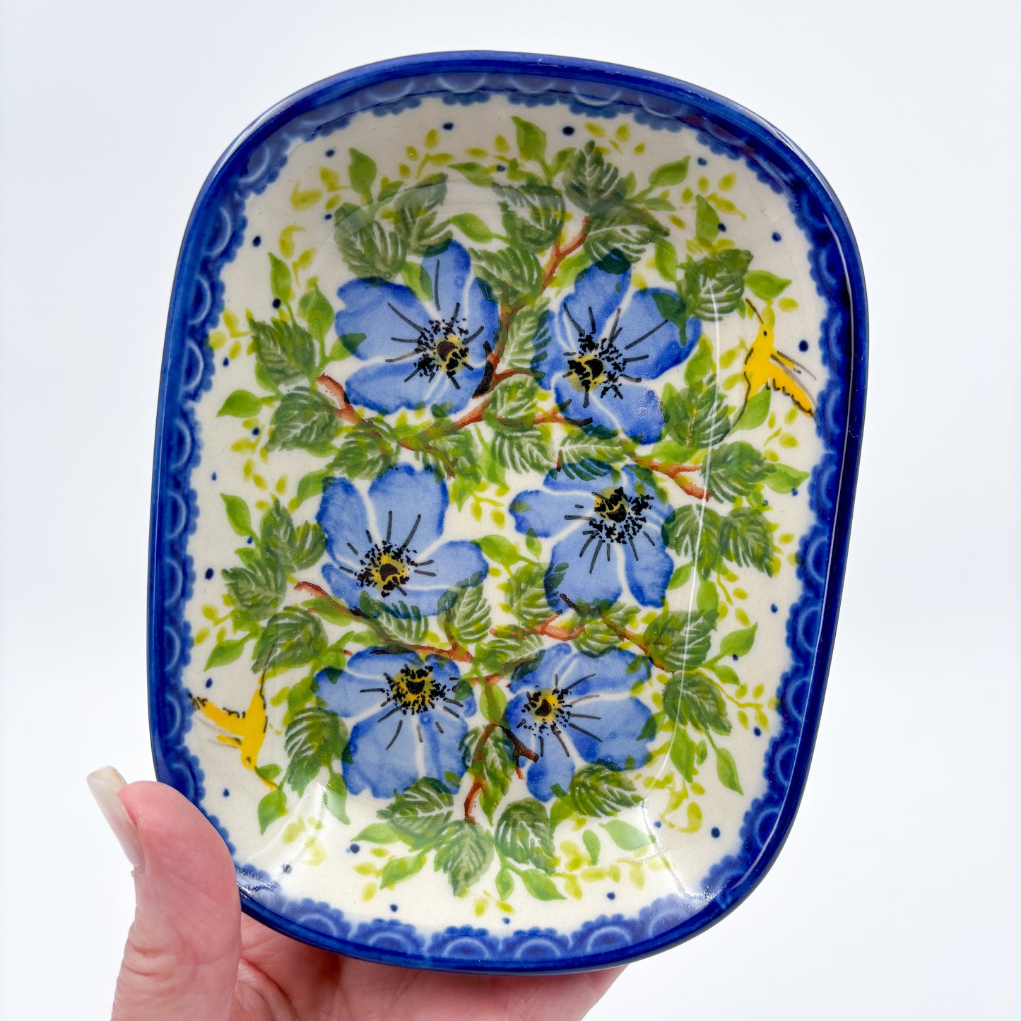 6" Butter Platter: UNIKAT Blue Poppy Songbird