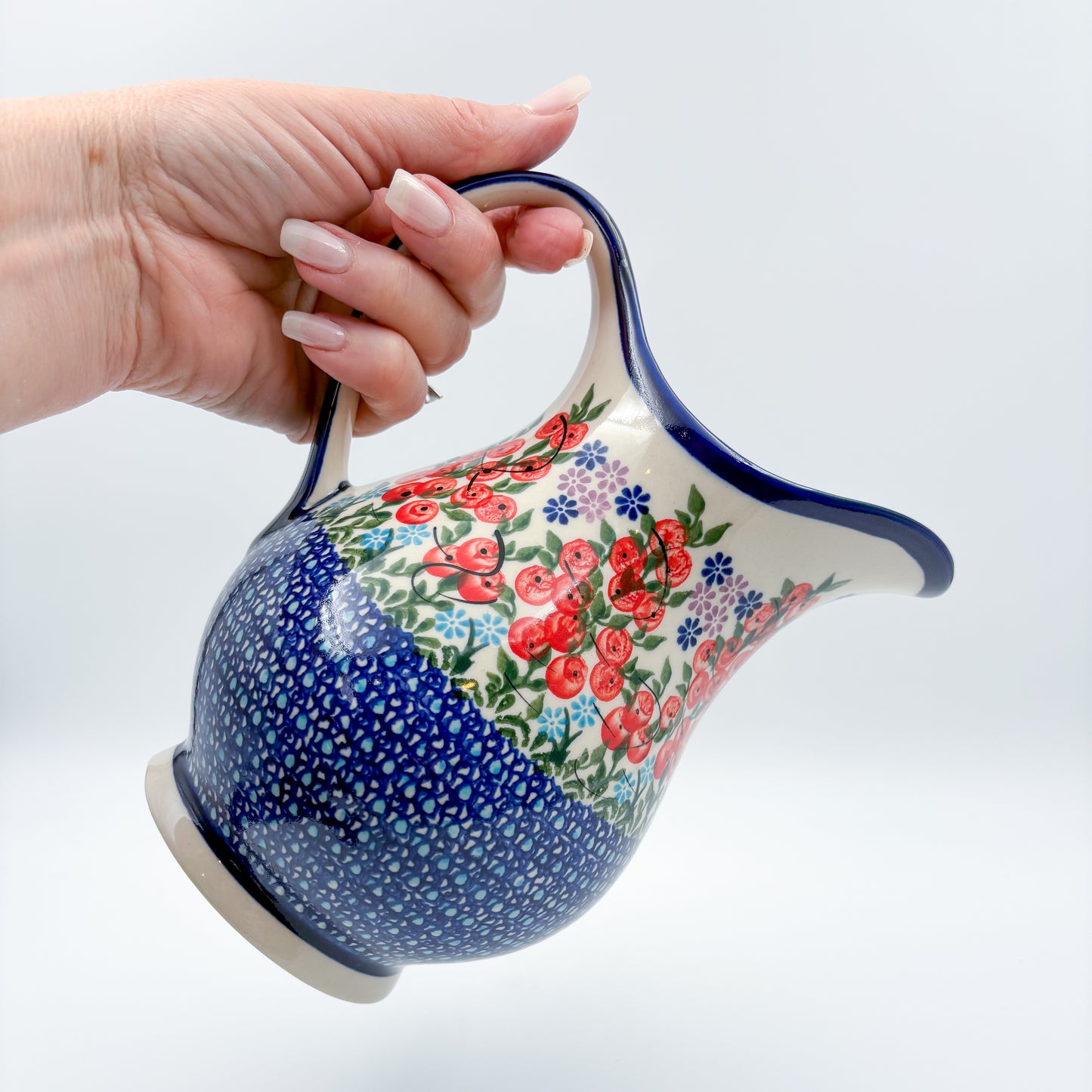 37 oz. Pitcher.  Hand painted Polish pottery stoneware UNIKAT Red Berry