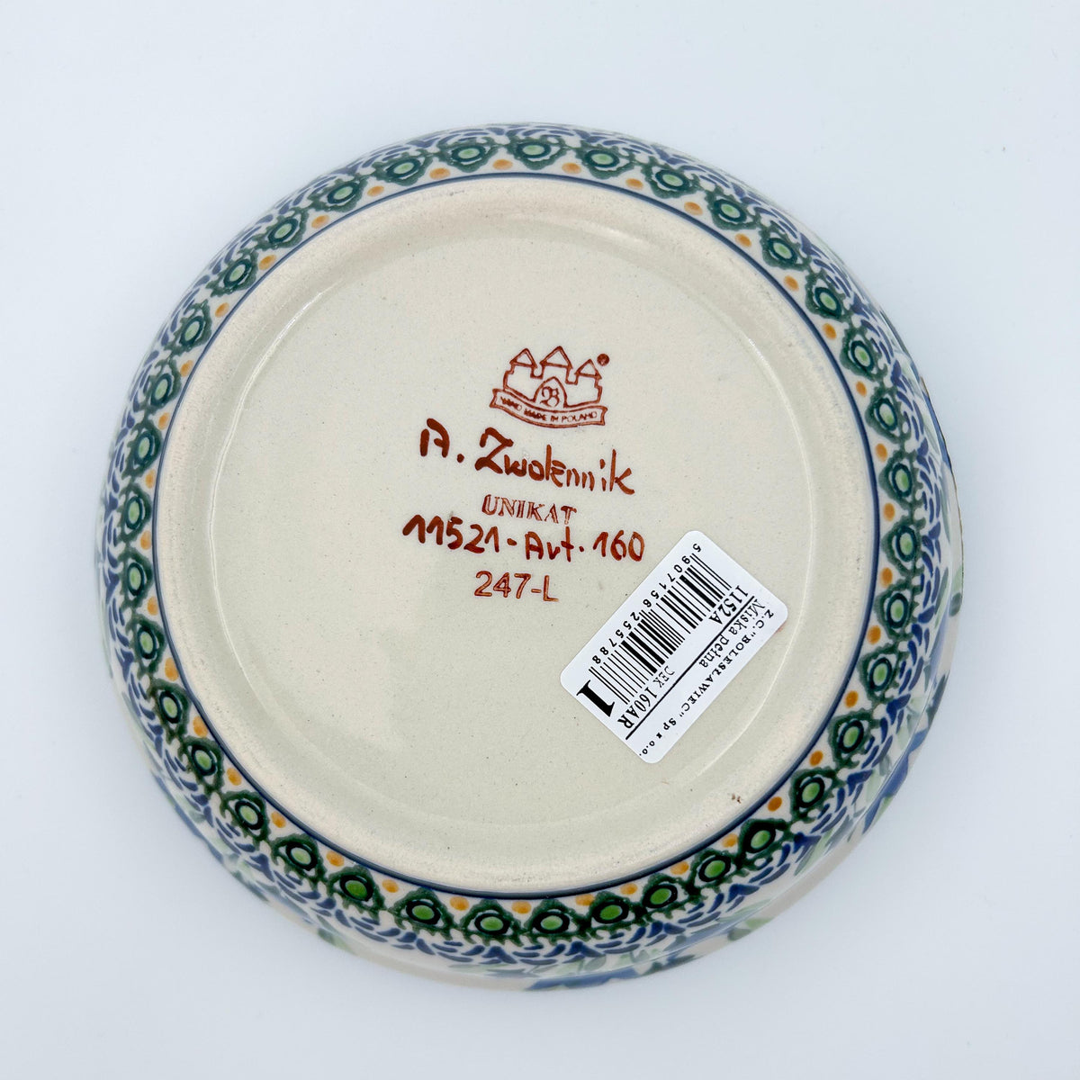 Bottom of Tulip Fields bowl showing Unikat stamp, alternate angle