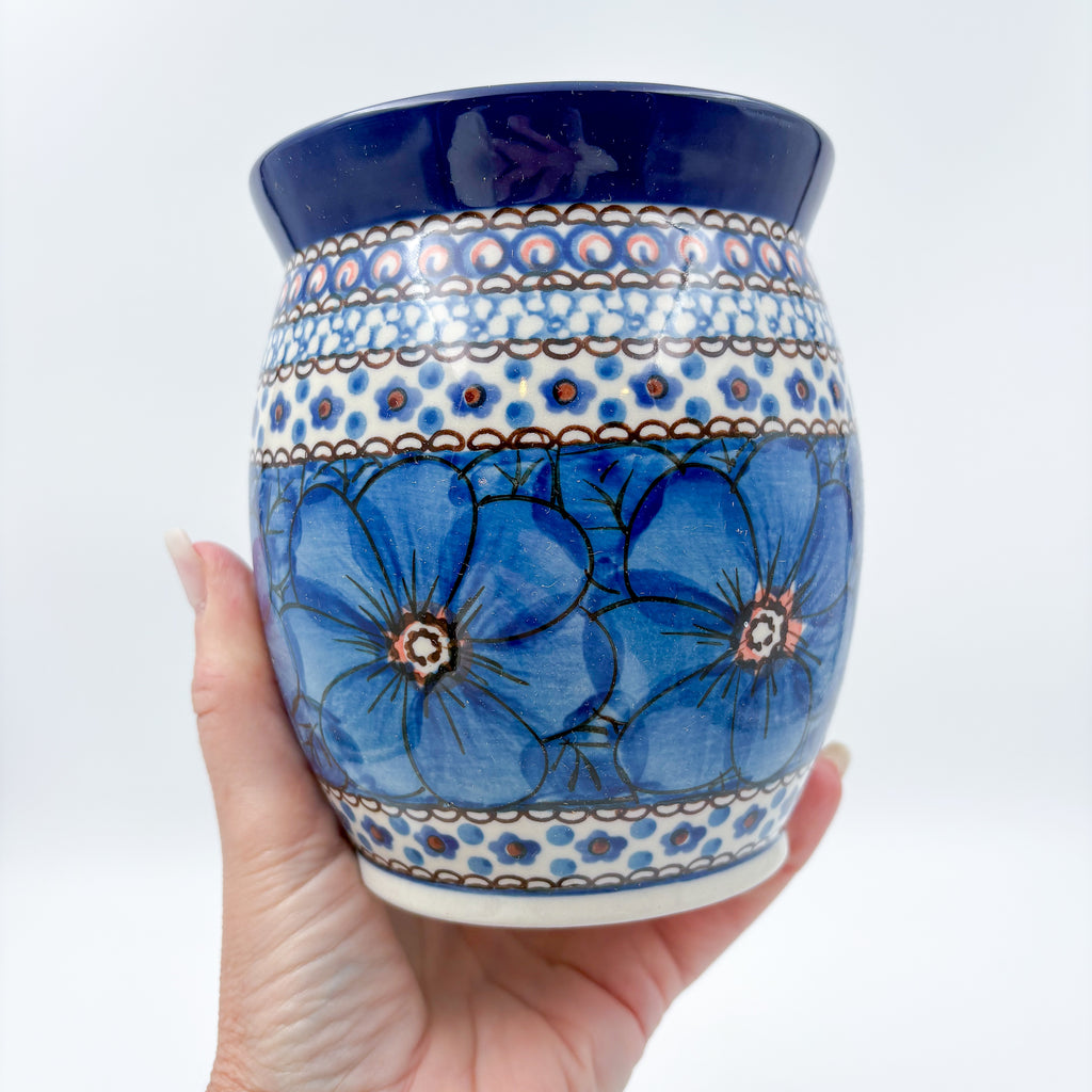 6" Lidded Jar.  Handmade Polish pottery.  UNIKAT Cobalt Poppies Design