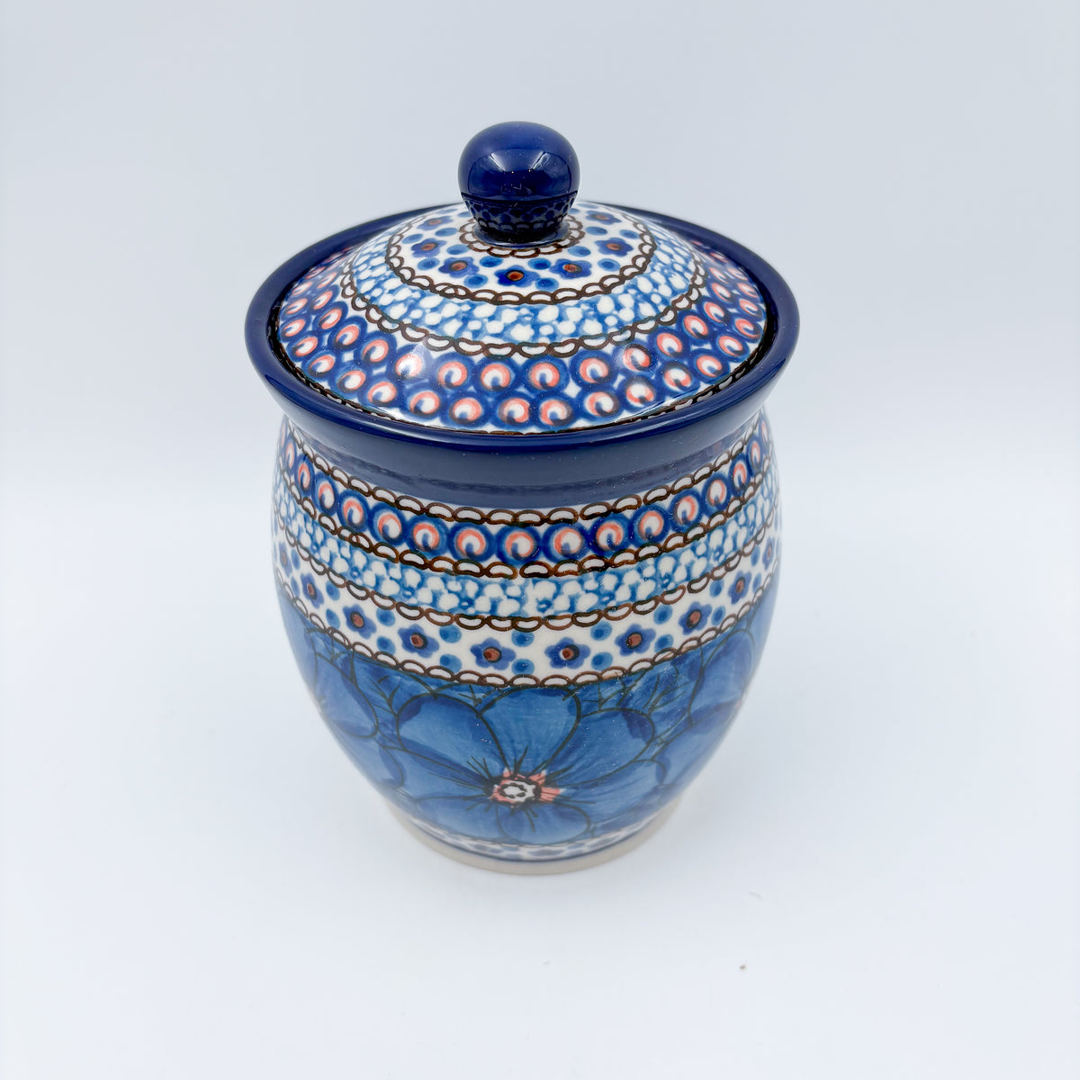 6" Lidded Jar.  Handmade Polish pottery.  UNIKAT Cobalt Poppies Design