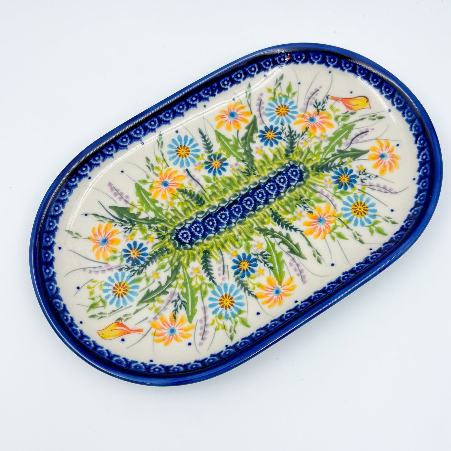 9” Oval Platter.  Hand crafted Polish pottery stoneware: UNIKAT Wildflower Meadow Design