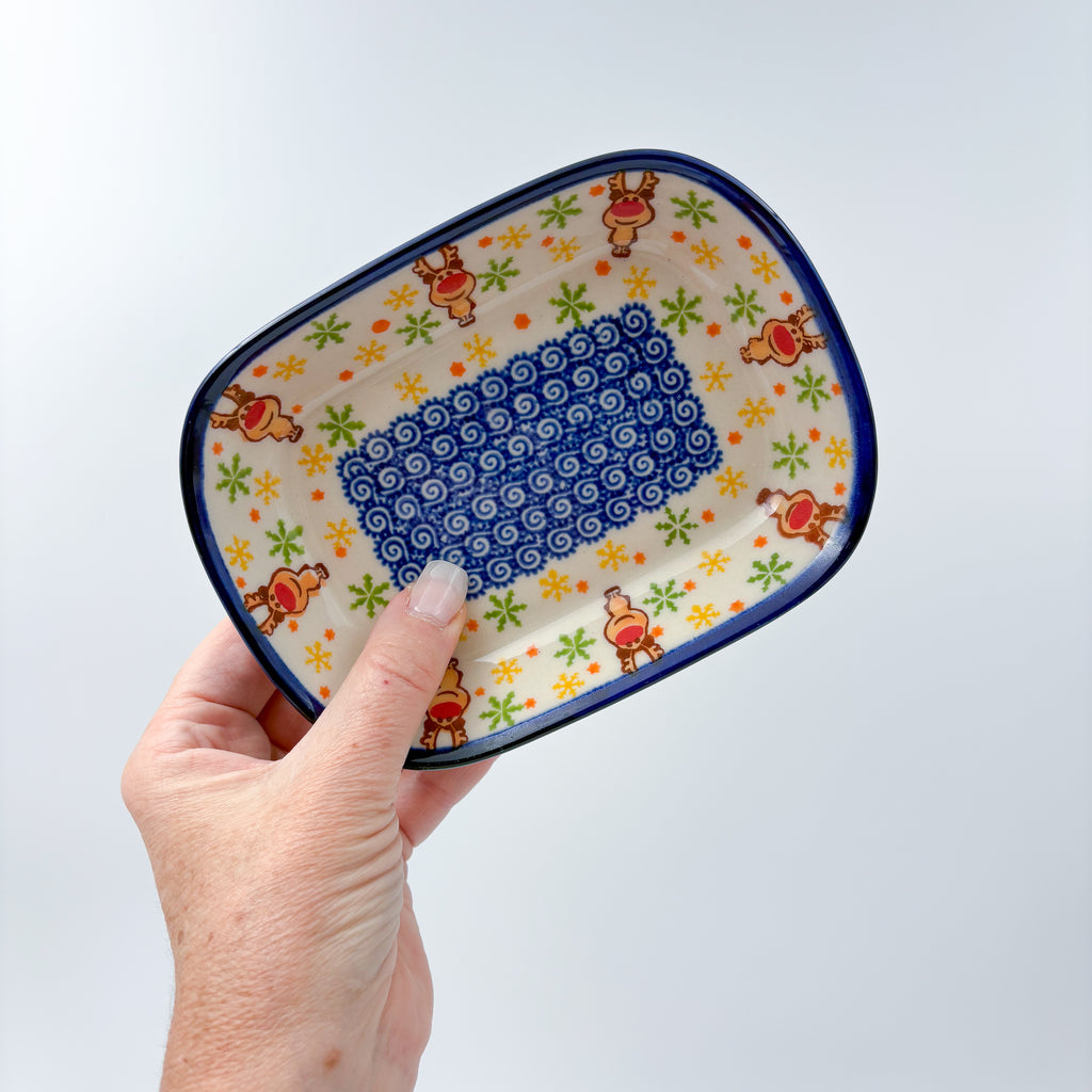 6" Butter Platter.  Handmade Polish pottery.  UNIKAT Holiday Rudolph