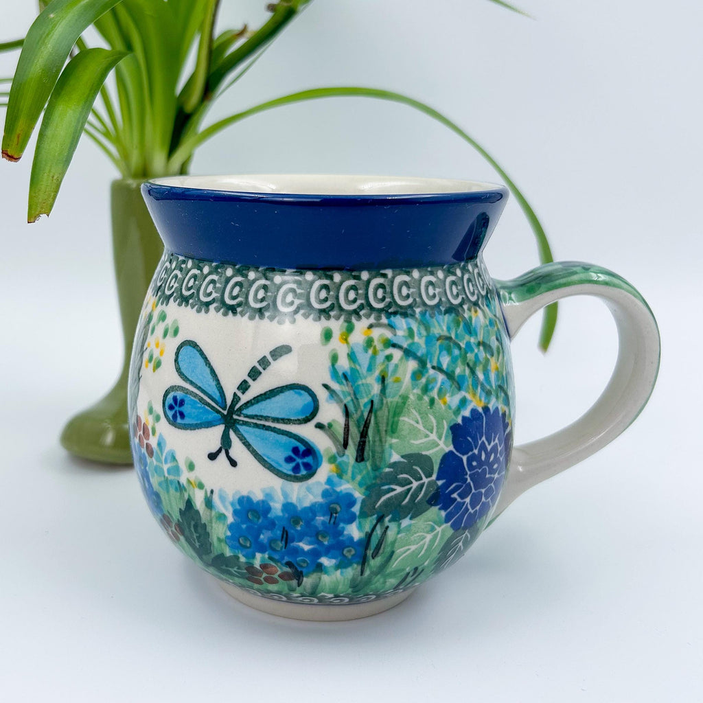 Garden Delight bubble mug on white background, front view showing dragonfly