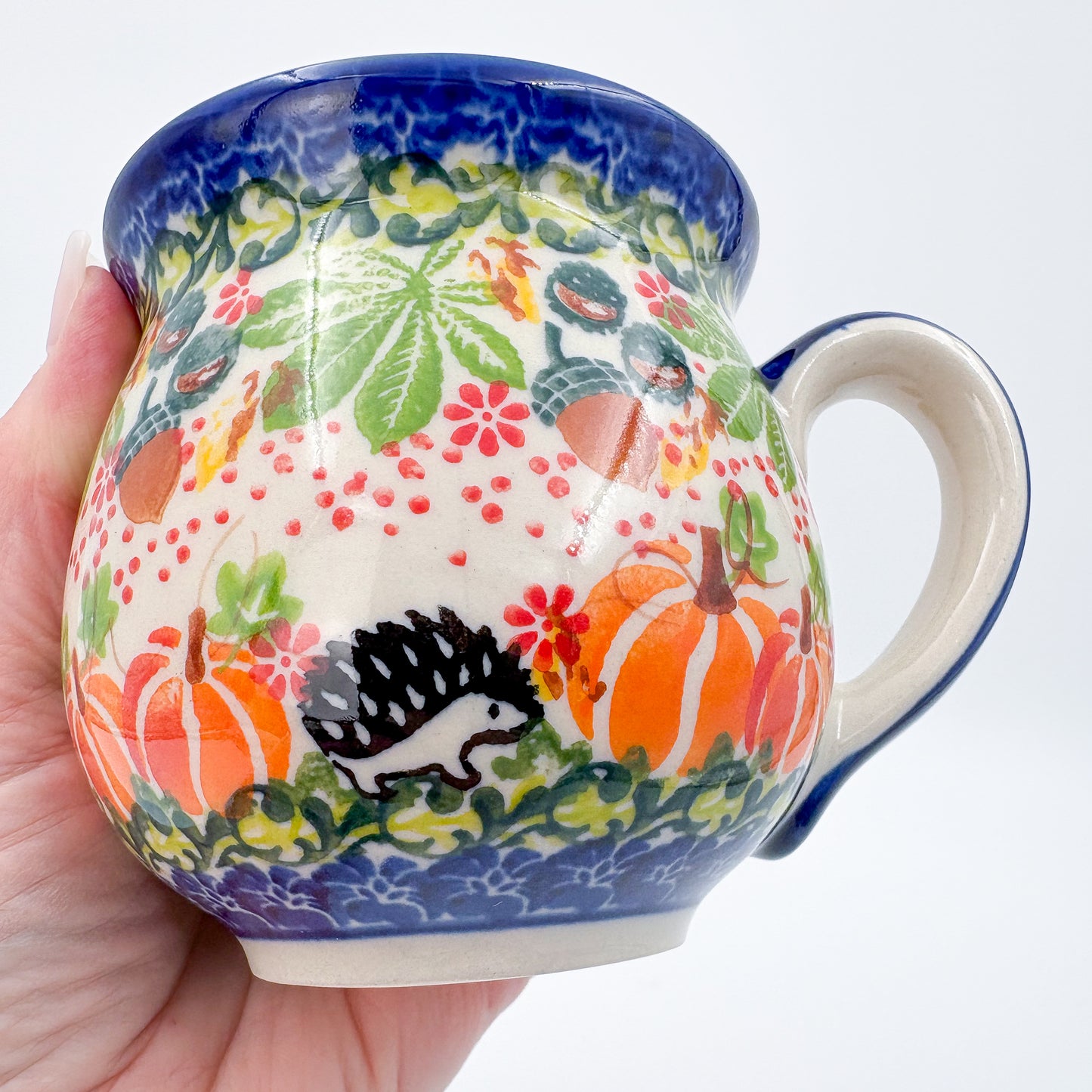 10 oz Bubble Mug. Handcrafted Polish pottery stoneware:  UNIKAT Hedgehog and Pumpkin