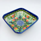 Tulips and Bees square bowl, angled top-down view