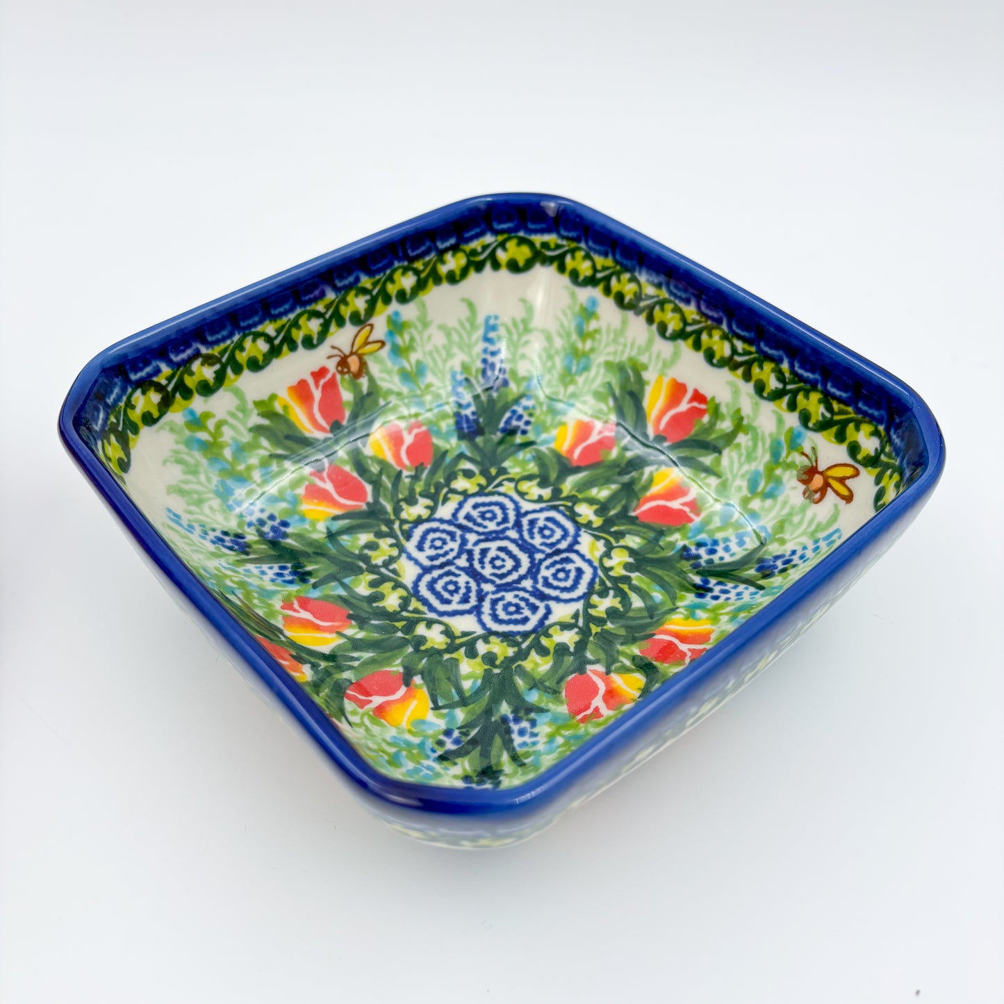 6” Square Bowl.  Hand crafted Polish pottery stoneware:   Unikat Tulips and Bees