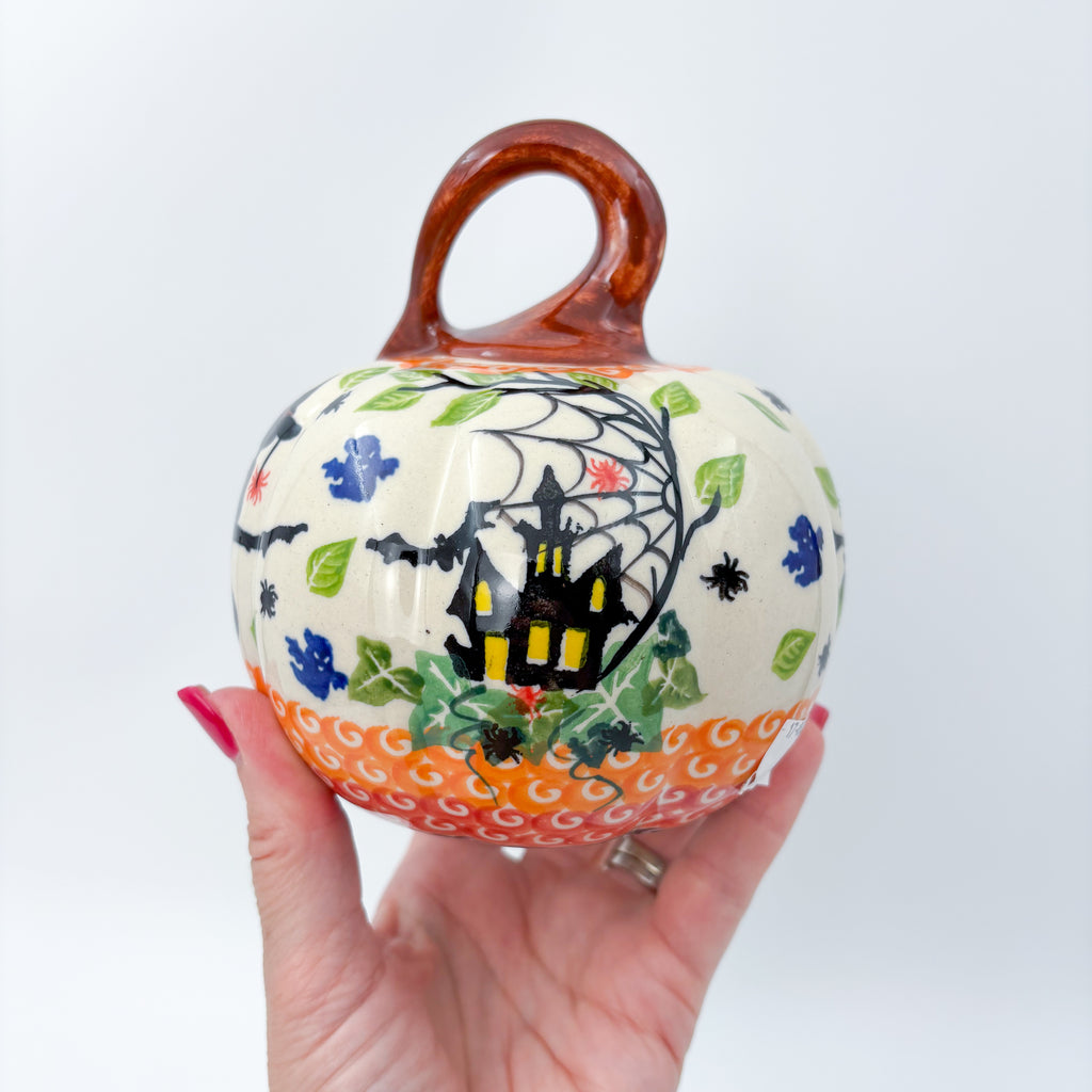 Pumpkin Small 5.3".  Hand crafted Polish pottery stoneware: UNIKAT Cat Witch