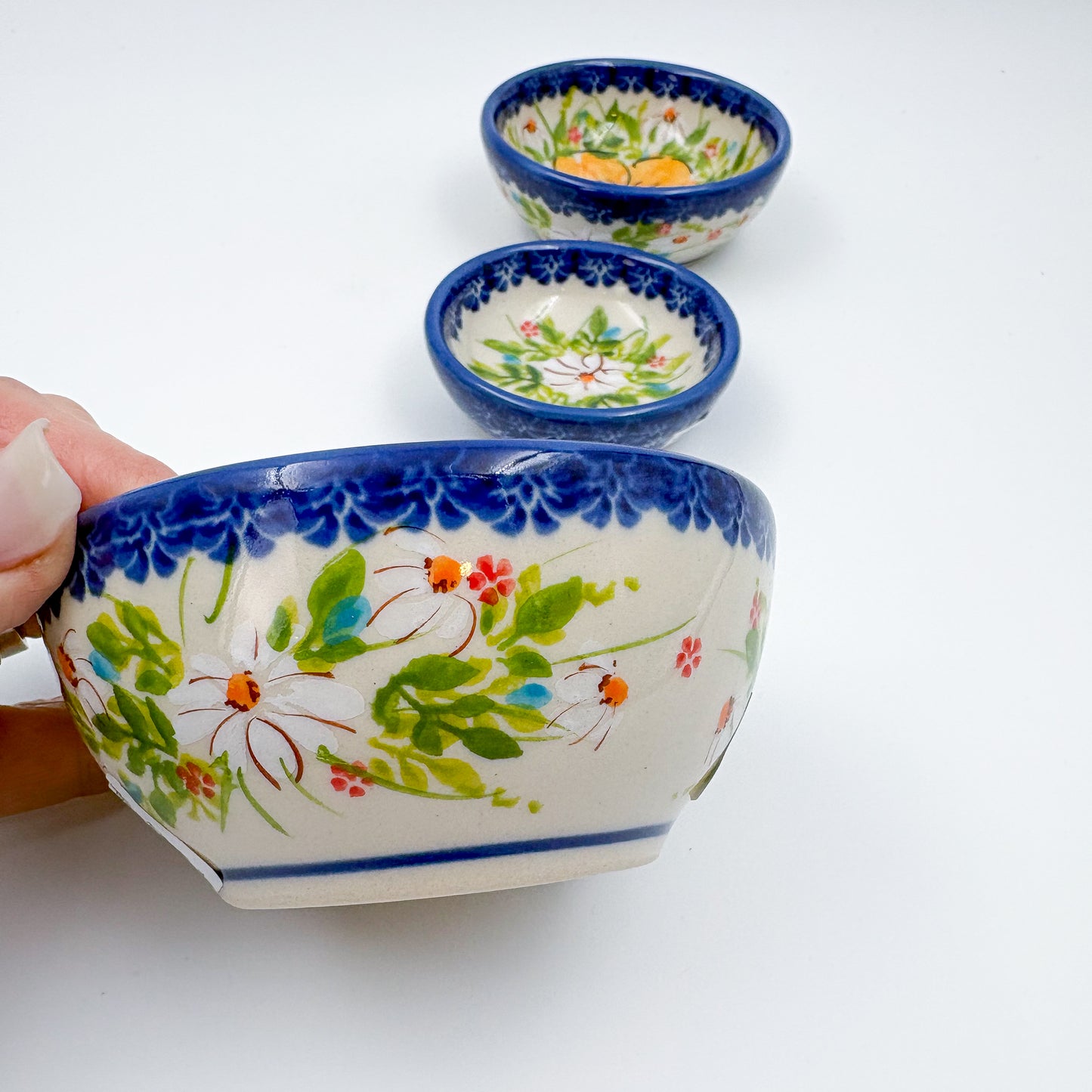 Small Set 3 stacking Bowls.  Hand crafted Polish pottery stoneware:  UNIKAT Orange Poppy