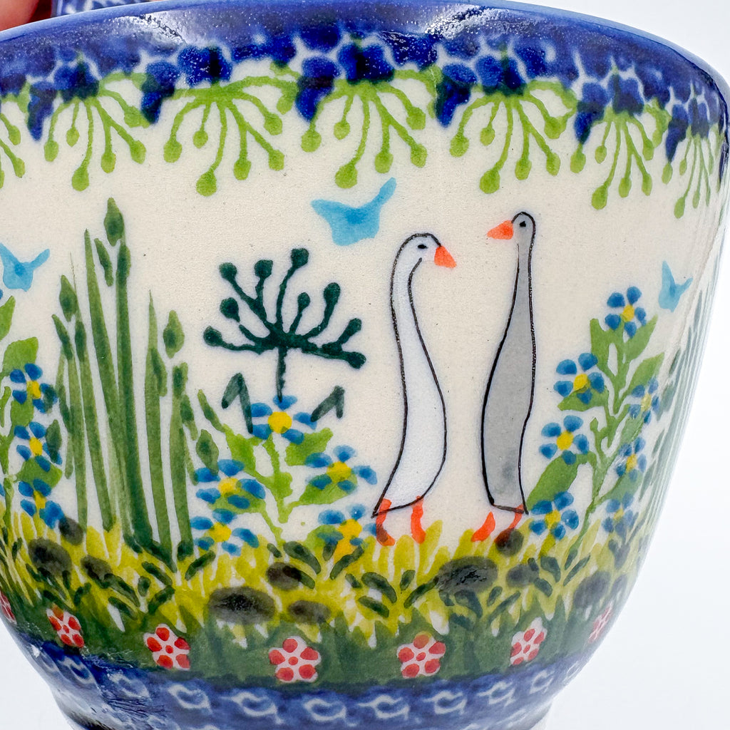 12 oz Bowl/Mug with Loop-Handle.  Hand crafted Polish pottery stoneware: UNIKAT Ducks on the Run
