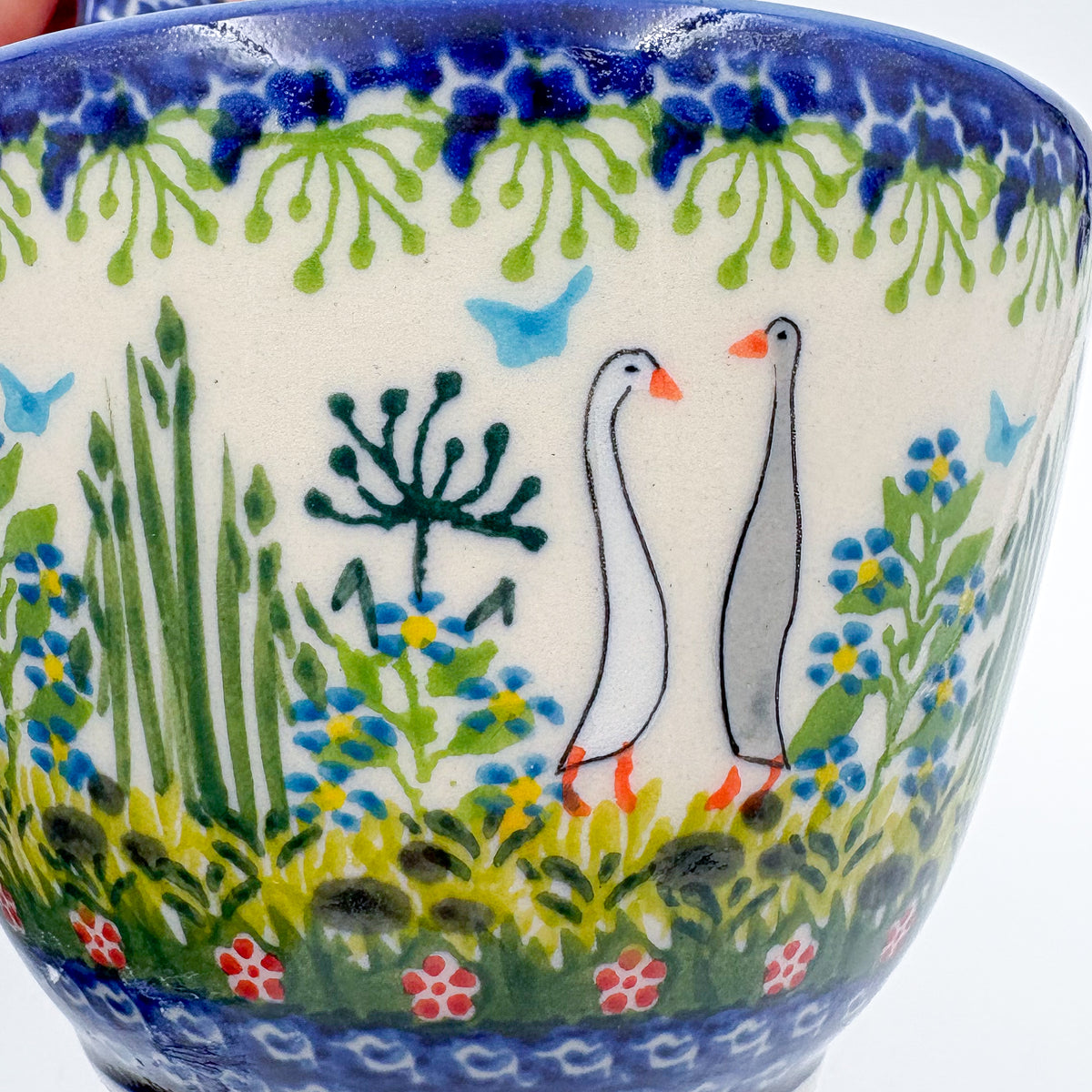12 oz Bowl/Mug with Loop-Handle.  Hand crafted Polish pottery stoneware: UNIKAT Ducks on the Run