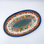14.5" Oval Platter.  Hand crafted Polish pottery stoneware: UNIKAT Hedgehog and Pumpkins