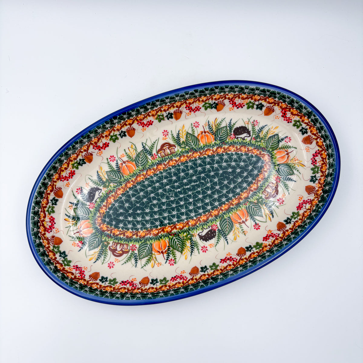 14.5" Oval Platter.  Hand crafted Polish pottery stoneware: UNIKAT Hedgehog and Pumpkins