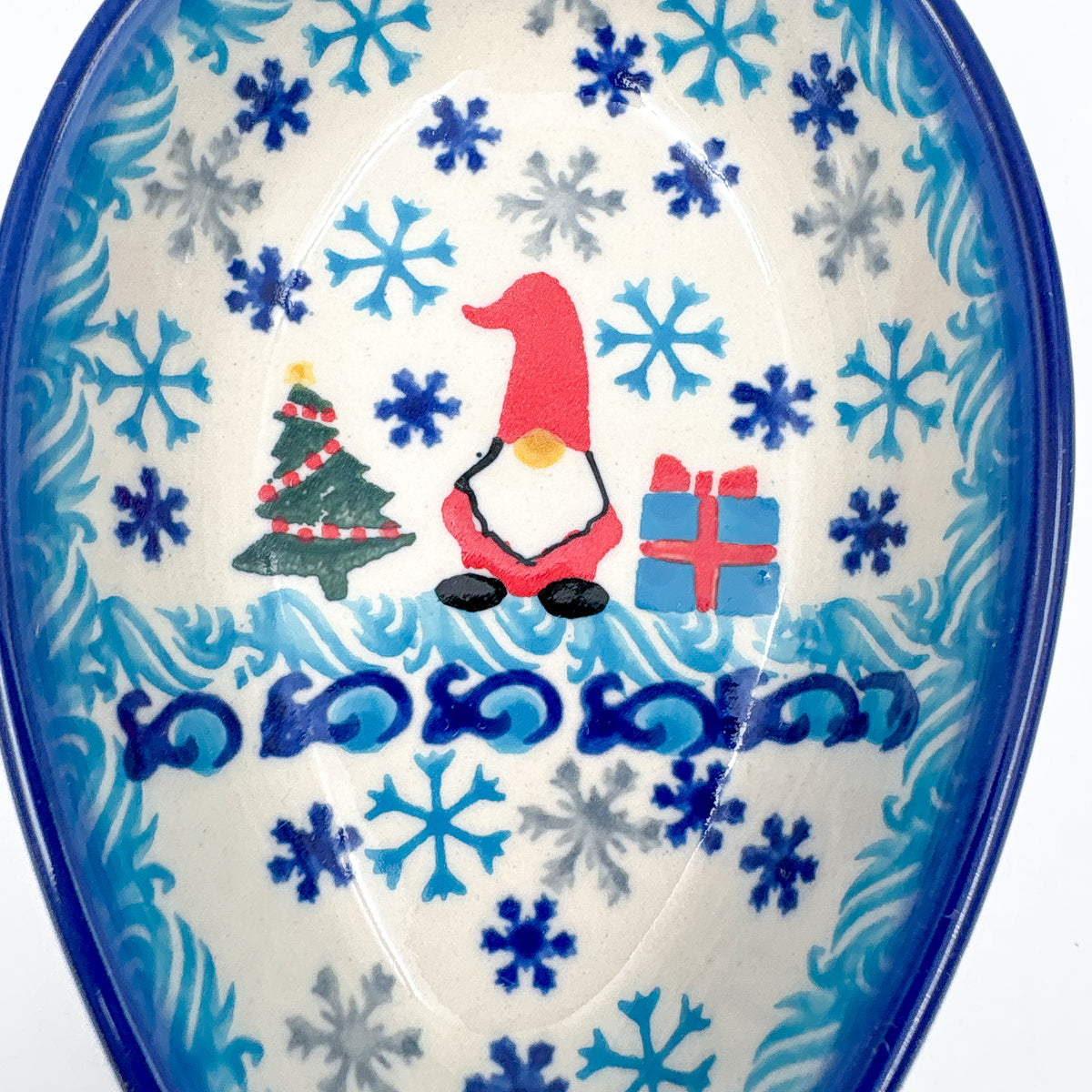 Spoon Rest 5”.  Handmade Polish pottery.  UNIKAT Winter Gnome Design