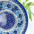 6” Deep Bowl.  Hand crafted Polish pottery stoneware: UNIKAT Blue KISS Blooms Design