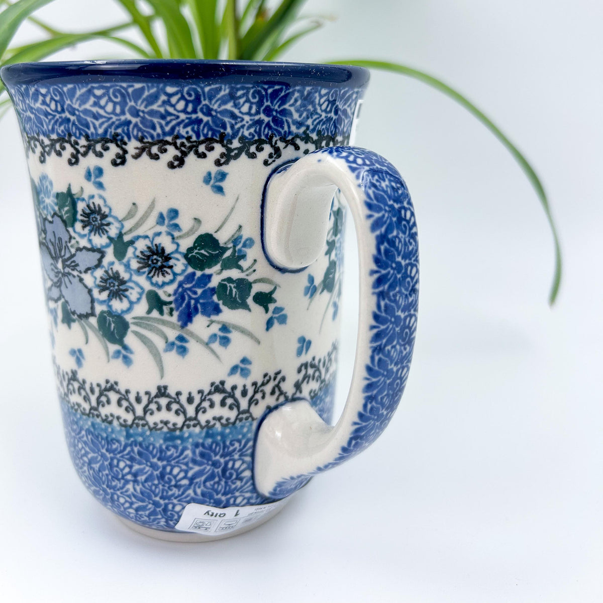 Rhapsody in Blue bistro mug, angled view showing handle