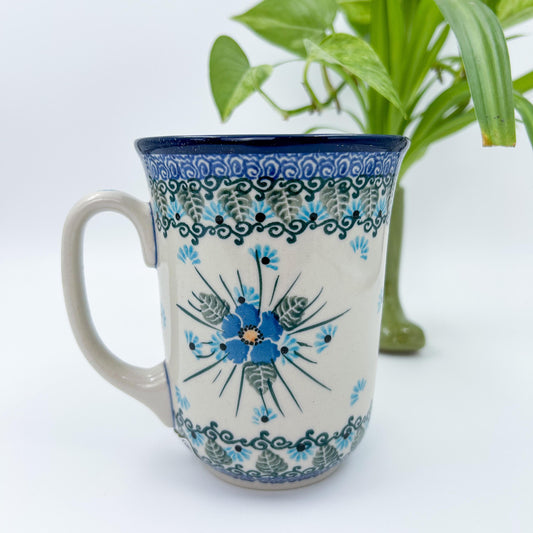 Bistro Mug 17oz. Handcrafted Polish pottery stoneware:  UNIKAT Forget Me Not Design