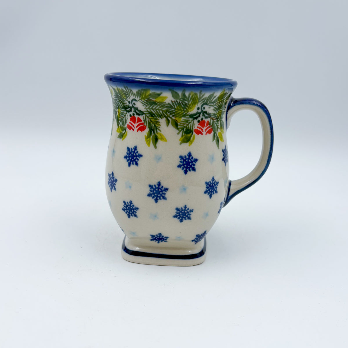 Tulip Mug 10oz. Handcrafted Polish pottery stoneware:  UNIKAT Snowflakes and Holly