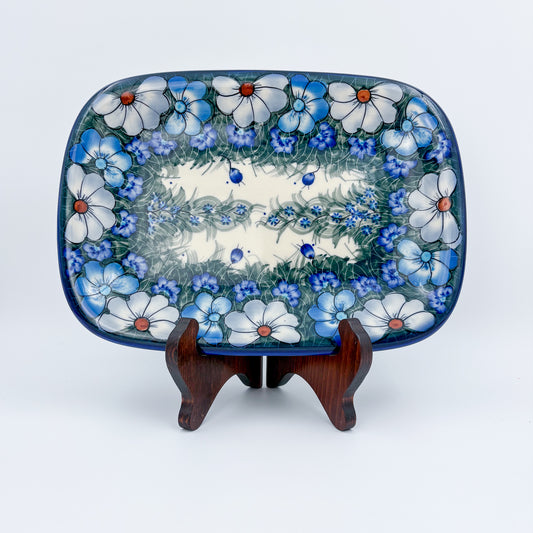 11" Medium Daria Platter.  Hand crafted Polish pottery stoneware: UNIKAT Forget Me Knot Pansy