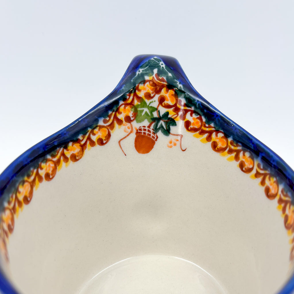 12 oz Loop Handle Gravy Boat.  Hand painted Polish pottery stoneware.  UNIKAT Hedgehog and Mushroom