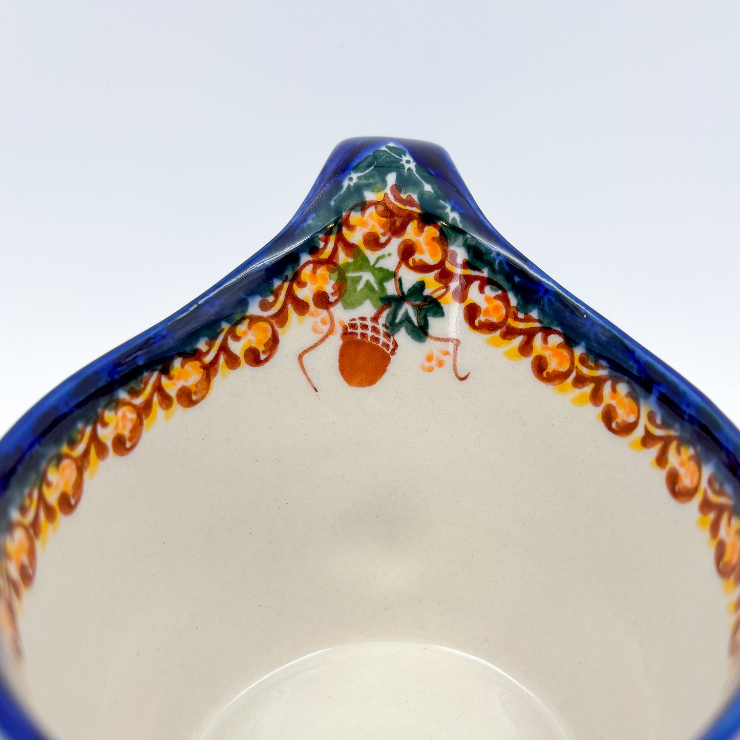 12 oz Loop Handle Gravy Boat.  Hand painted Polish pottery stoneware.  UNIKAT Hedgehog and Mushroom