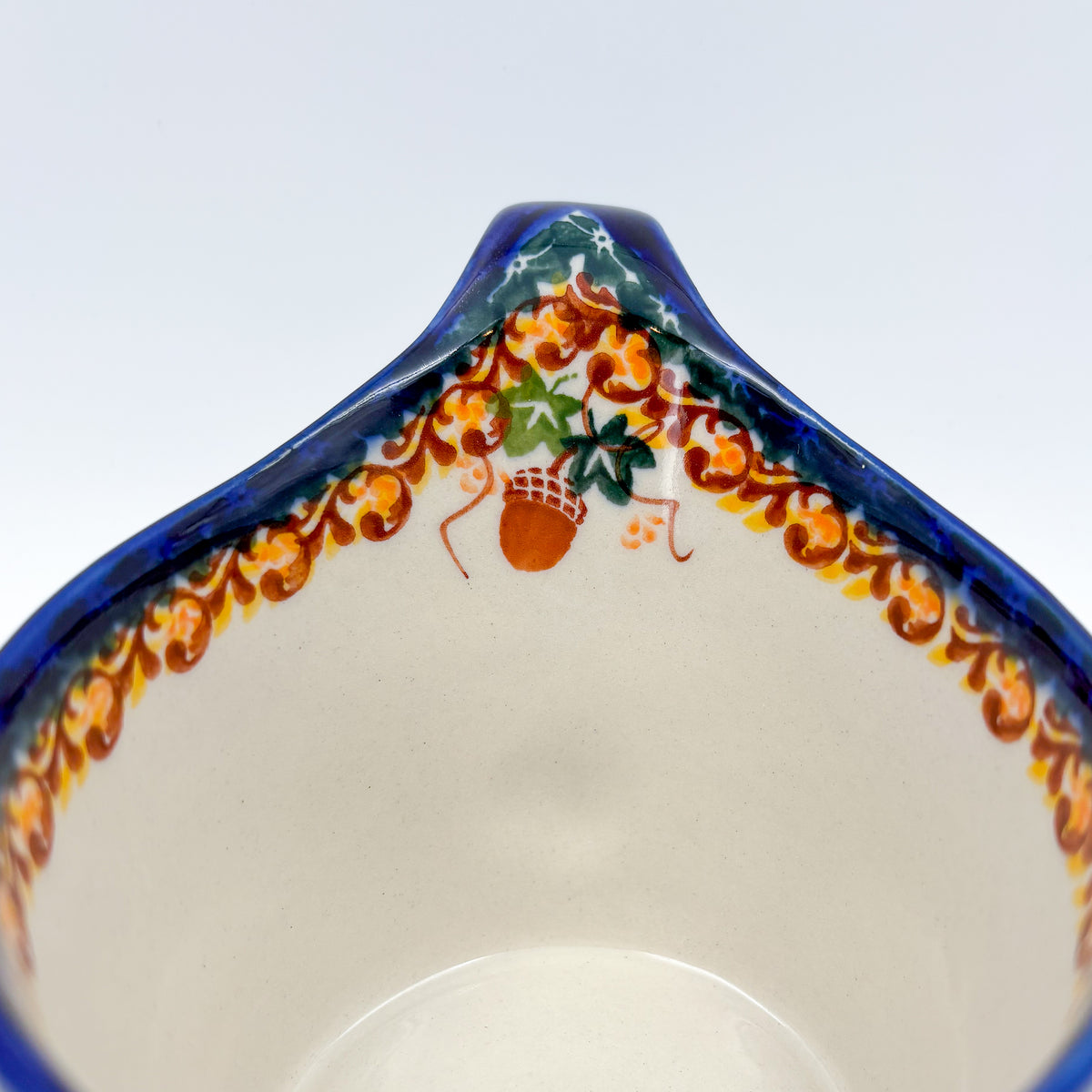 12 oz Loop Handle Gravy Boat.  Hand painted Polish pottery stoneware.  UNIKAT Hedgehog and Mushroom
