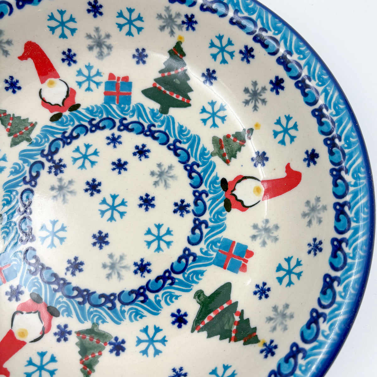 9”  Deep Bowl.  Hand crafted Polish pottery stoneware: UNIKAT Dancing Snowman Design