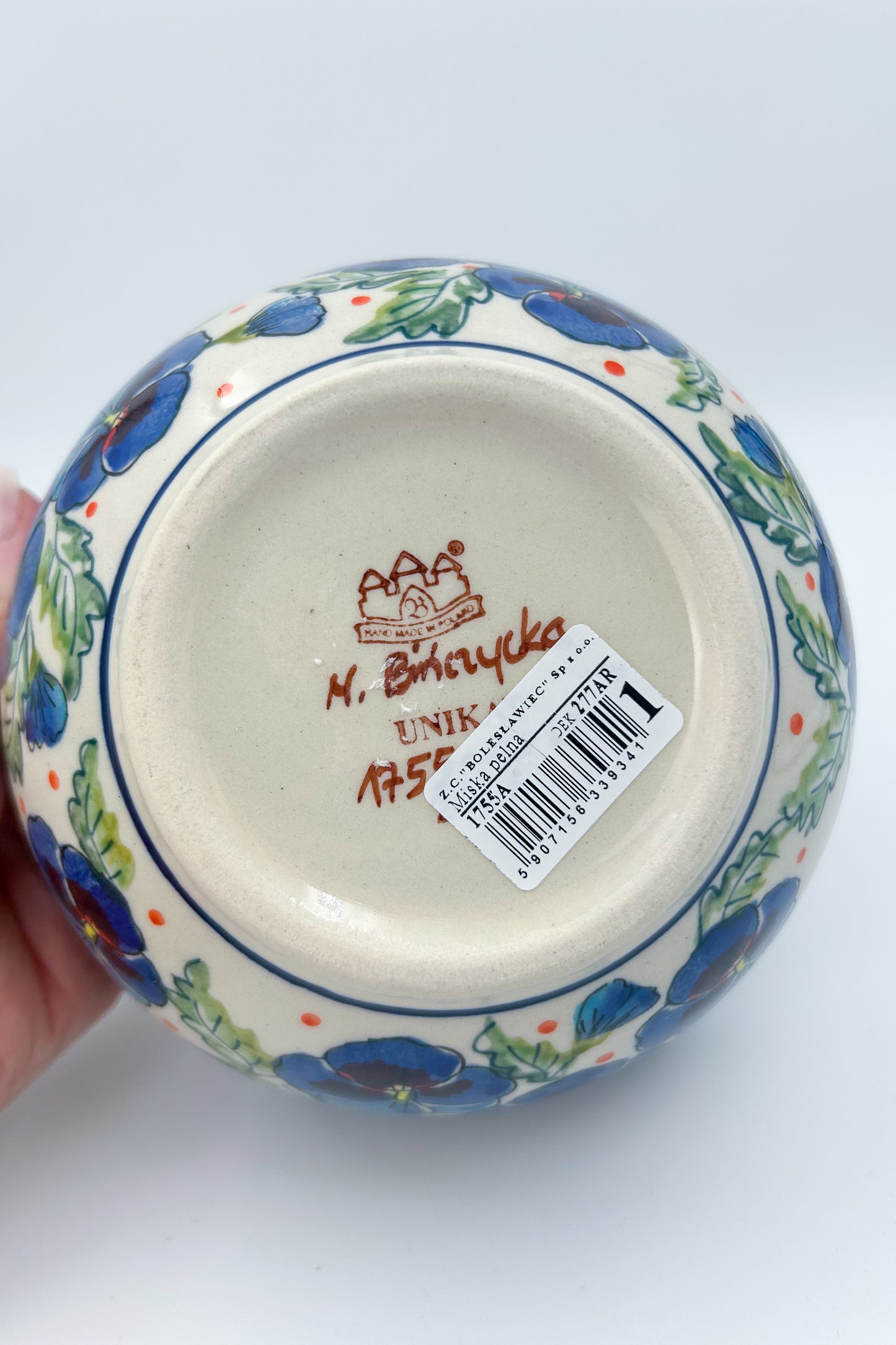 6.25” Deep Bowl.  Hand crafted Polish pottery stoneware:  Pansies In Bloom