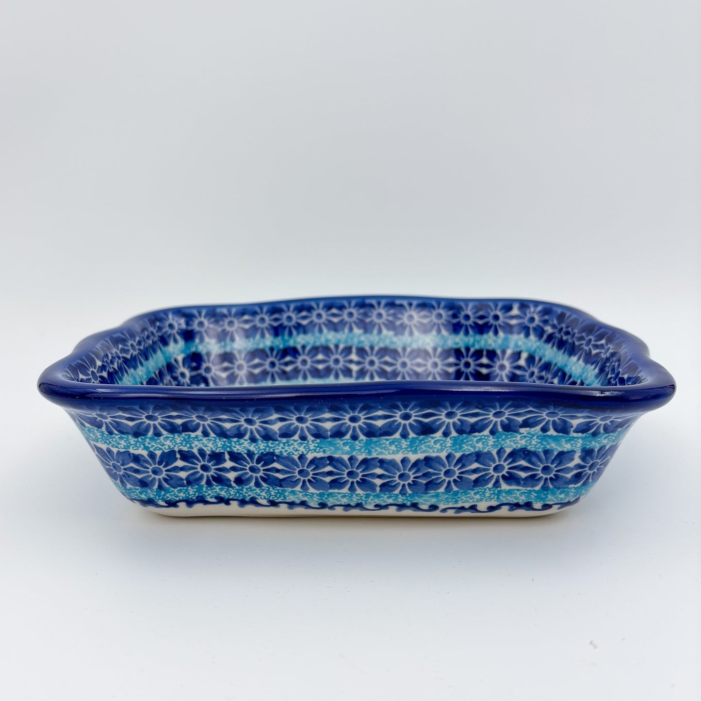 8” Baker Handmade in Poland.  UNIKAT Bold Blue Poppies Design