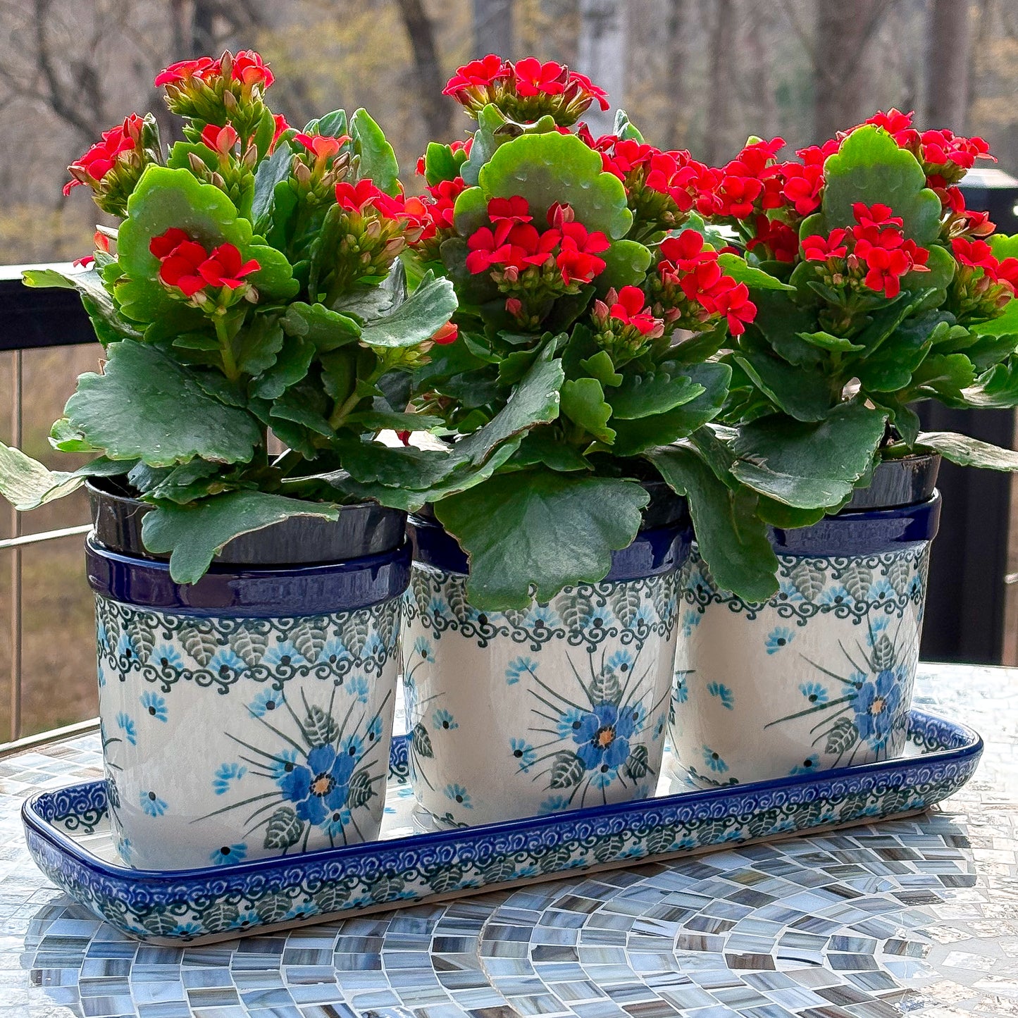 12” planter set of 3.  Handmade Polish pottery.  UNIKAT Forget Me Not Design